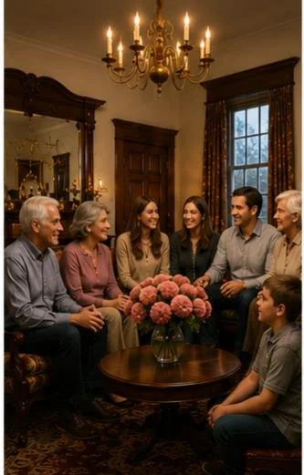 Family gathered in a living room, sitting around a coffee table with a vase of pink flowers, enjoying conversation. The room has a chandelier, mirror, window with curtains, and wooden furniture.