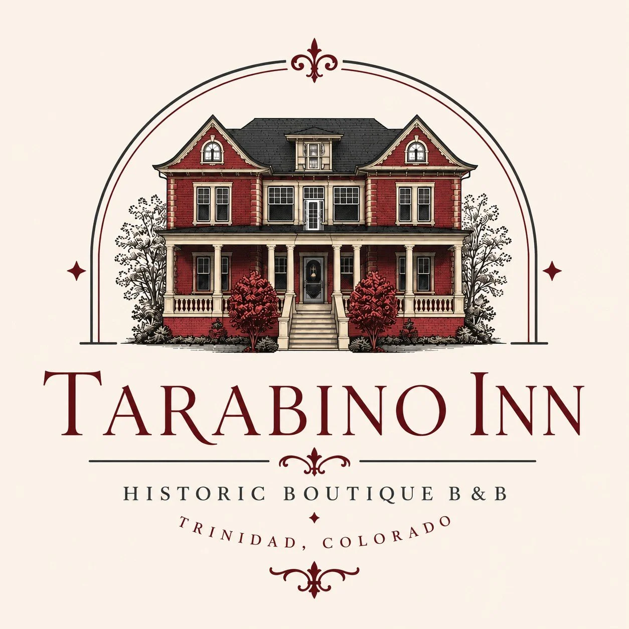 Illustration of a historic, Victorian-style, red brick house with a front porch and stairs, flanked by trees, representing the Tarabino Inn, a historic boutique bed and breakfast in Trinidad, Colorado.