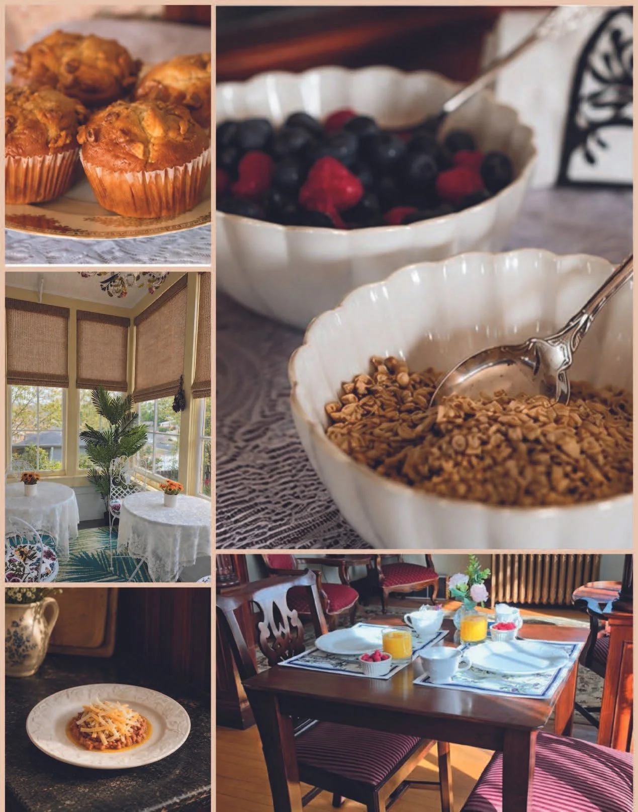 Collage of meal and breakfast setting: muffins on a plate, bowls of berries and cereal, a dining room with sunlight and potted plants, a chile dish, and a table set with juice, coffee, pastries, and fruit in a cozy kitchen.