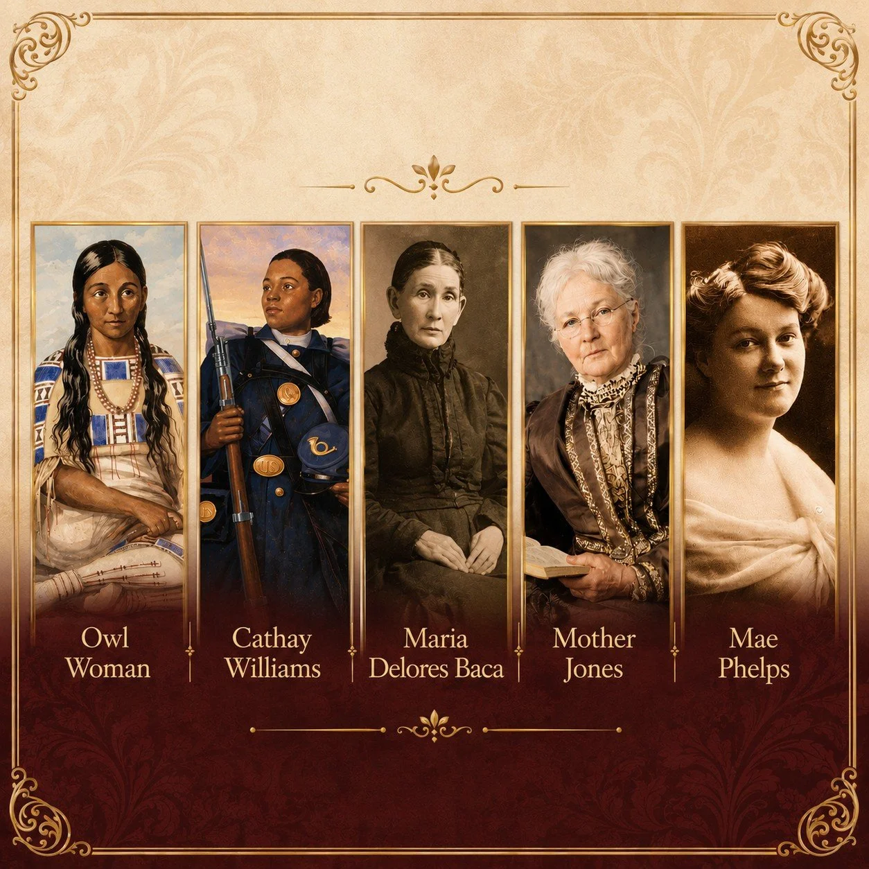 A digital illustration of five women from different historical periods and backgrounds, each in a separate vertical panel with their names labeled below: Owl Woman, Cathay Williams, Maria Delores Baca, Mother Jones, and Mae Phelps, set against a decorative beige and gold background.