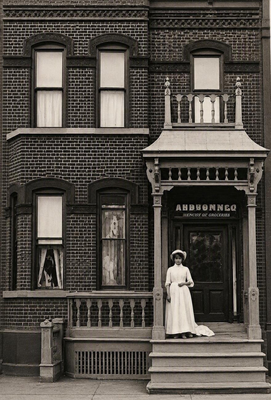 Black and white photo of a woman in a long white dress and hat standing on the steps of a brick storefront with a sign reading 'Abbqonne Grocery.'