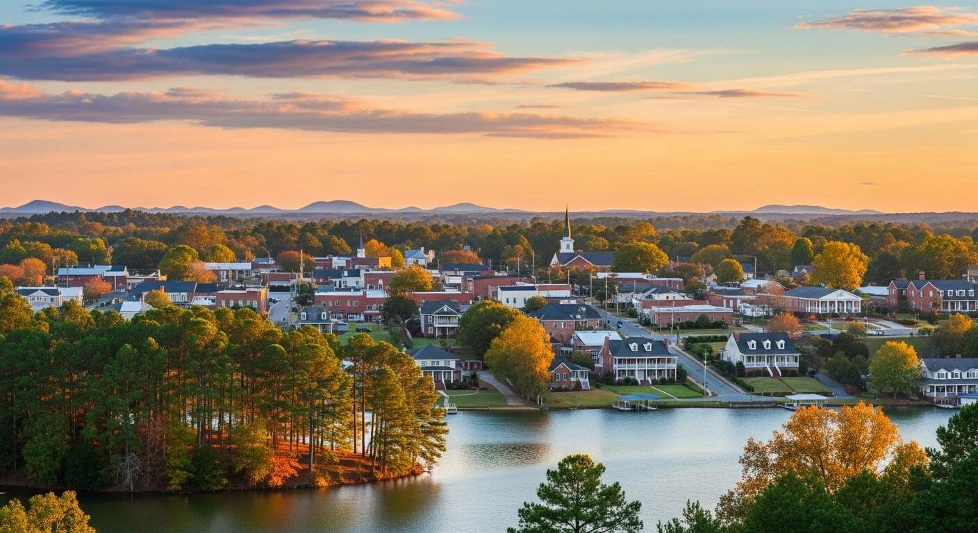 Aerial view of a small town during sunset with houses, trees, and a body of water, and mountains in the background.