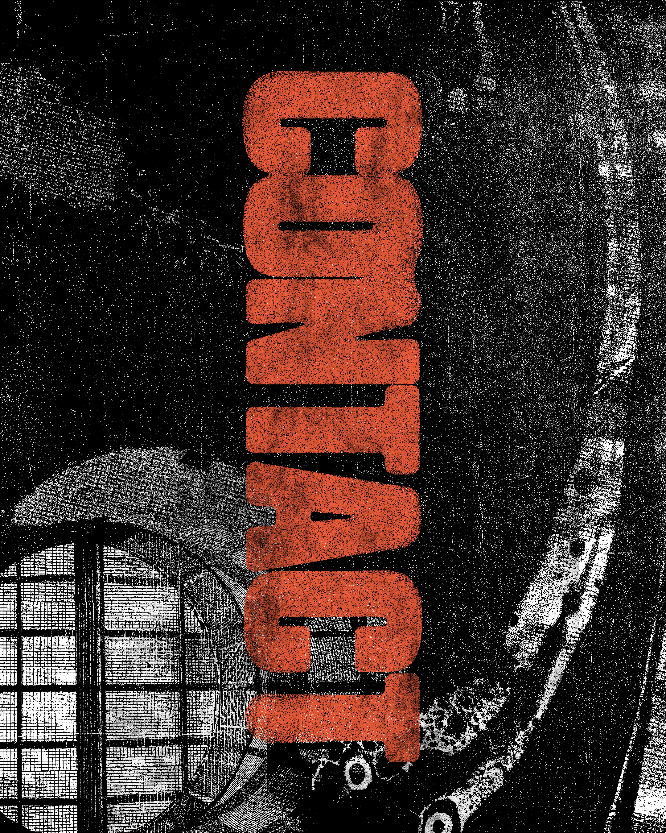 Close-up of a printed design with the word 'TIME' in large red letters on a textured black background with various abstract patterns.