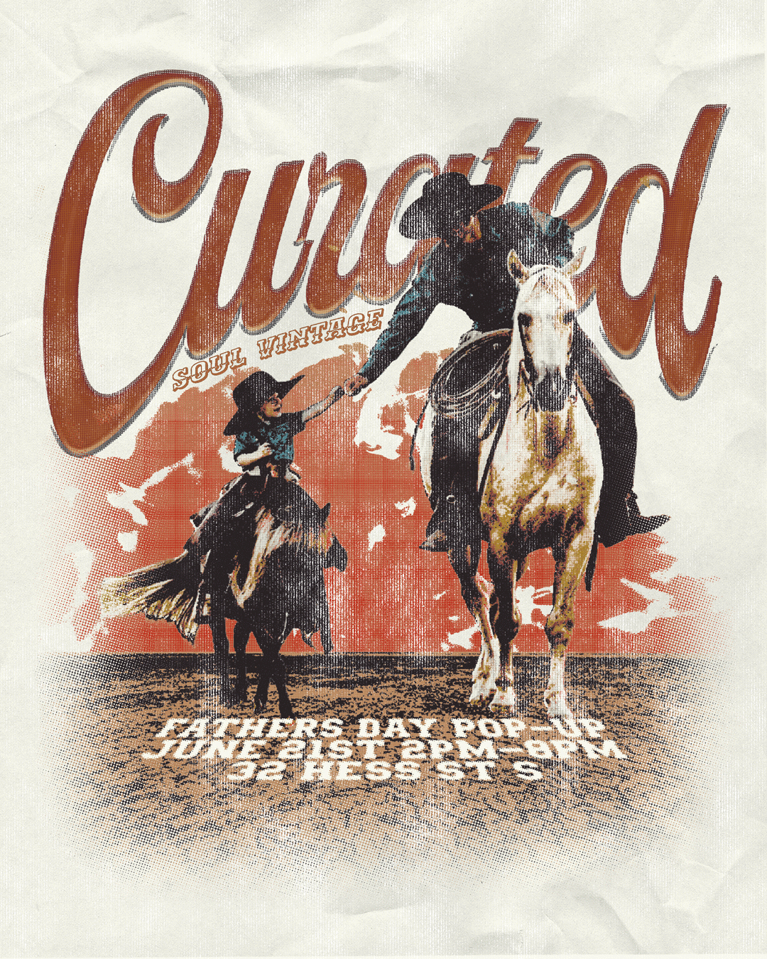 Curated soul vintage father's day patio market. Father and son on horses, riding away from sunset.