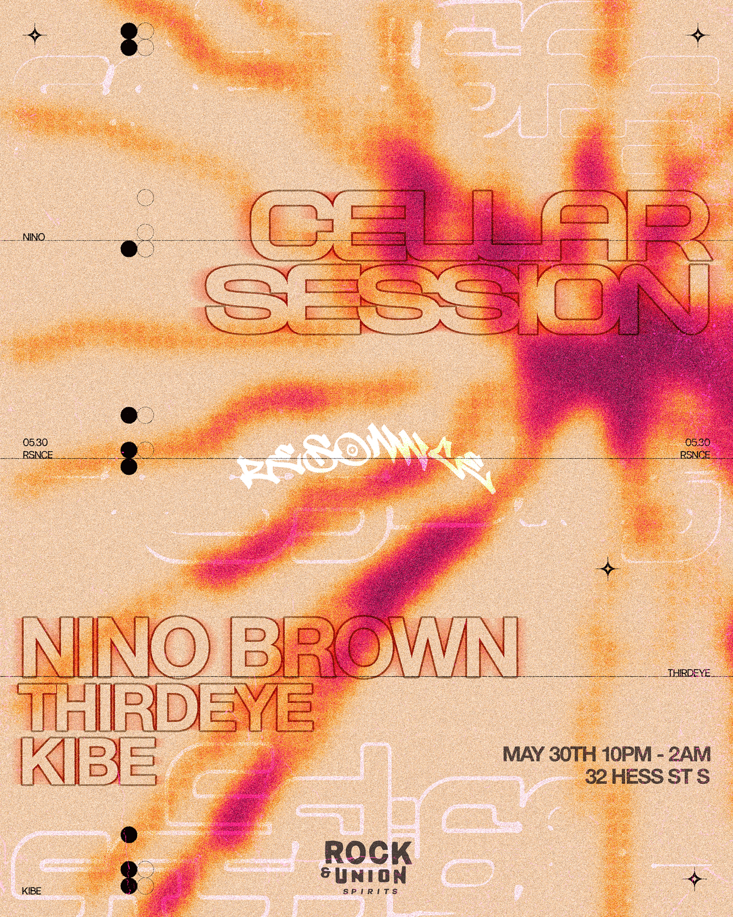 A poster for a music event features the text 'Cellar Session' prominently in the center with a vibrant, colorful background that fades from beige to pink, orange, and purple. Additional details include the date and time, 'May 30th, 10PM - 2AM,' and t