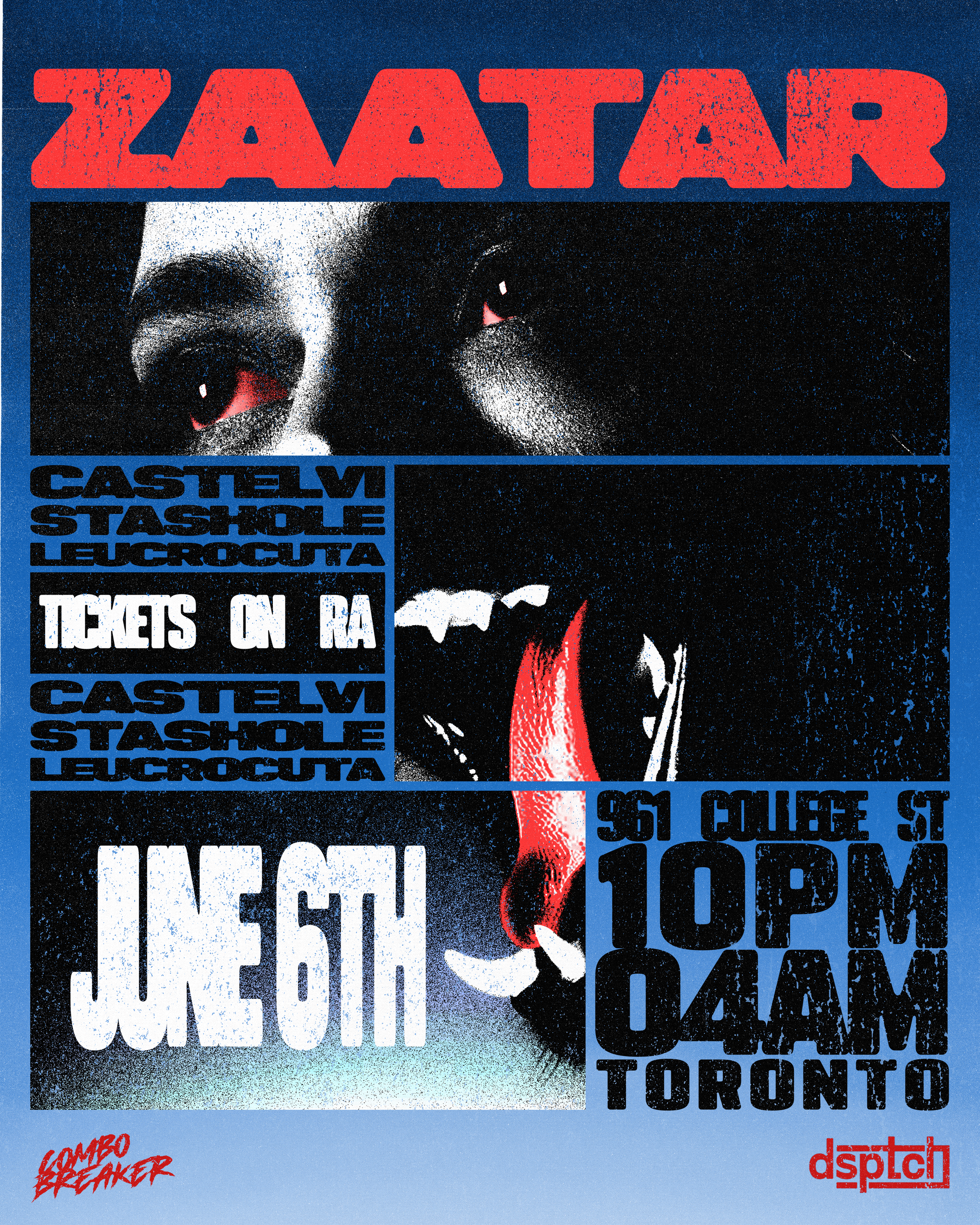 A poster with a collage of overlapping text and images. The main word at the top is 'ZAATAR' in large red letters. There is an image of a face with sunglasses and a mask. Additional text includes 'CASTELV', 'STASHOLE', 'LEUROCUTTA', 'TICKETS ON RA', 