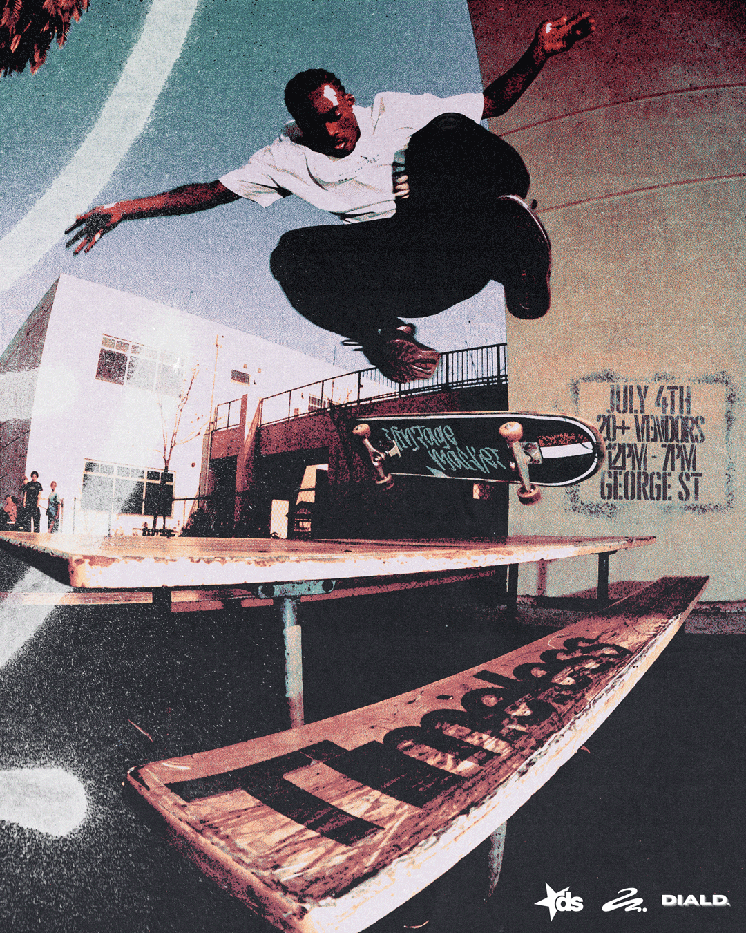 Timeless Vintage Market flyer, graffiti style, skateboarding graphic