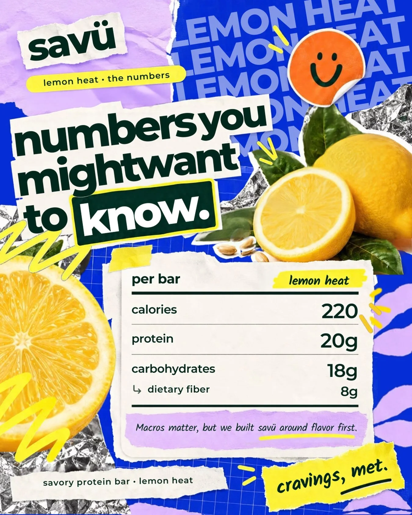 Here are the numbers for those wondering if math is mathing👀 

Bright lemon, warm pepper, and numbers that hold up too.
Per Lemon Heat bar: 220 calories, 20g plant-based protein, 18g carbs, including 8g fiber. Macros matter, but we built Sav&uuml; a