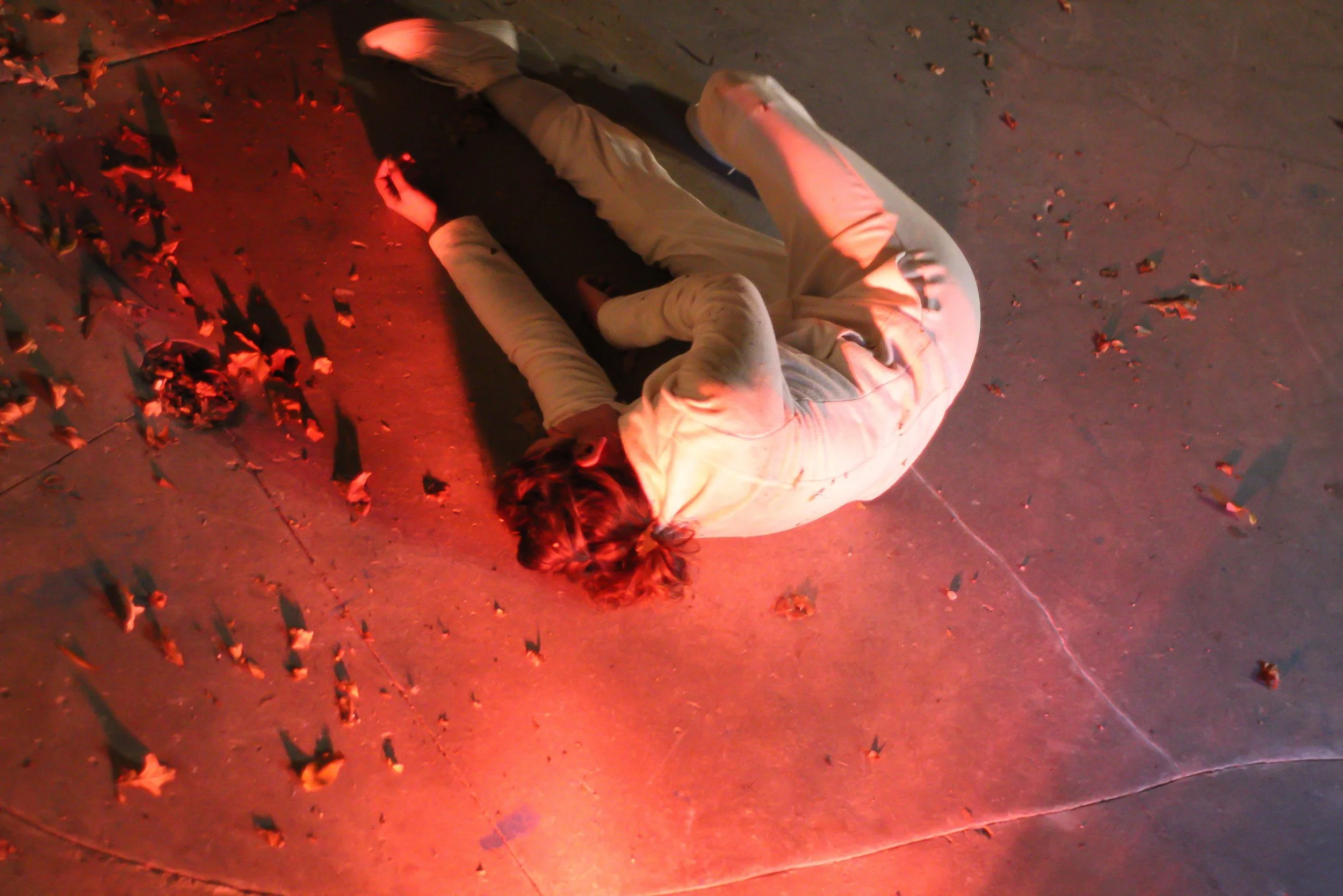 Anna wears all white. She lies on her side, surrounded by dead leaves. A red light emanates from the corner.