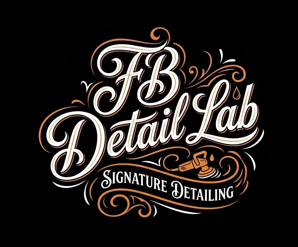 Logo for FB Detail Lab, a signature detailing service, with ornate script and a graphic of a polishing tool.