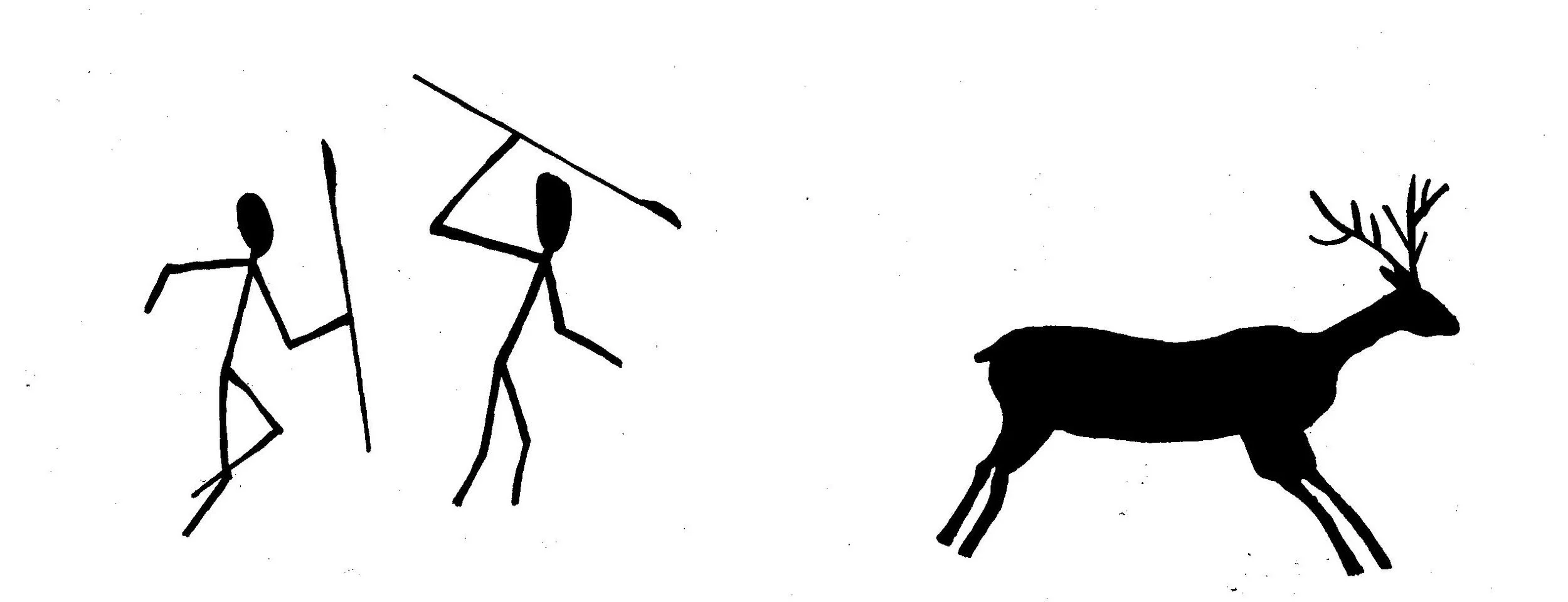 Simple black and white drawing of two stick figures and a reindeer, with the reindeer on the right side of the image.