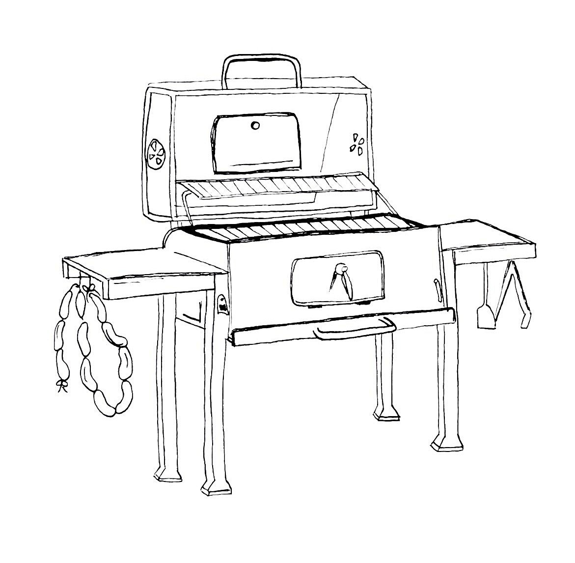 A sketch of a vintage-style grill with side shelves, hanging utensils, and a handle, depicted in black and white line art.