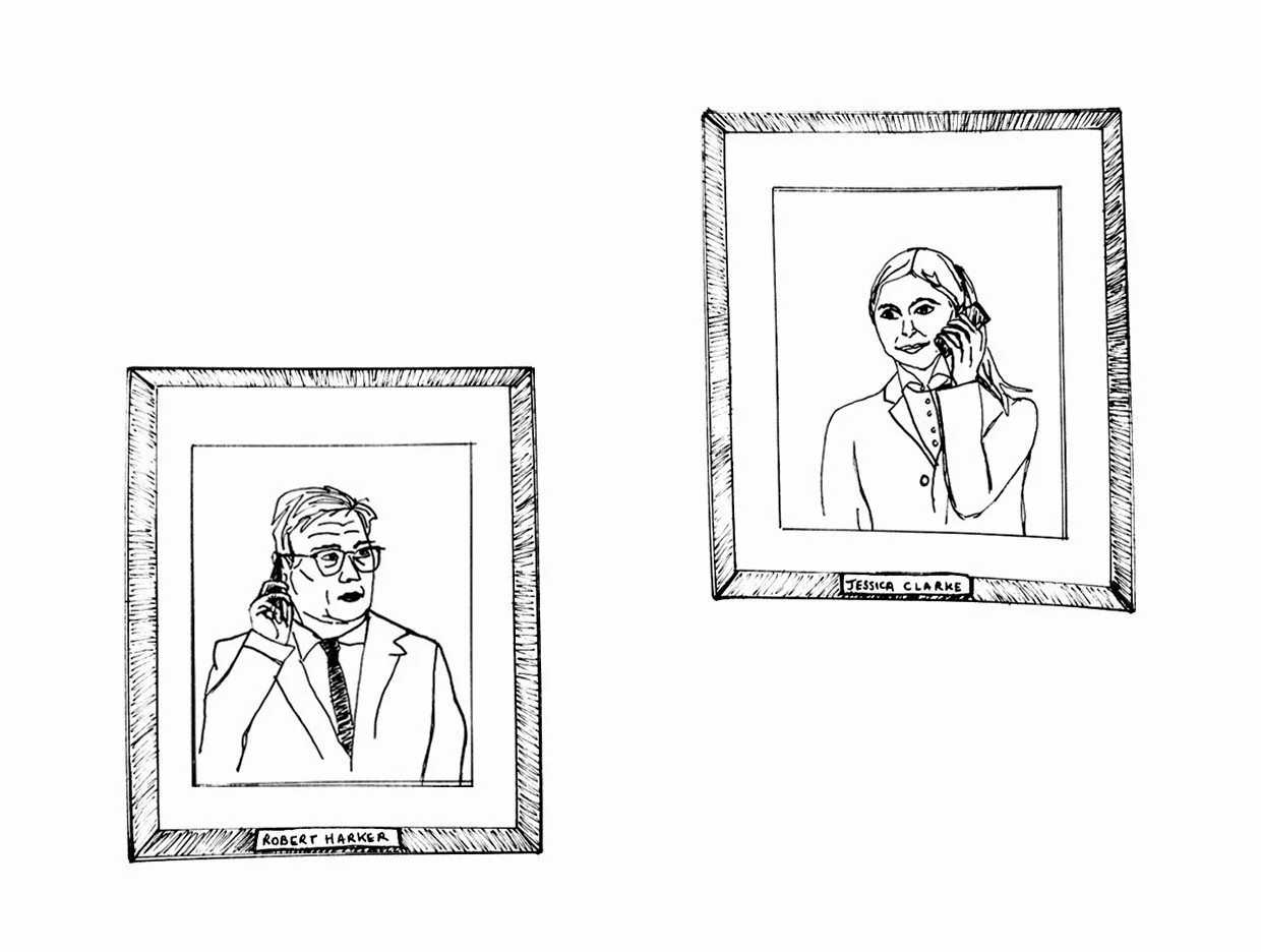 Black and white drawing of two framed portraits on a wall. The left portrait is of a man with glasses, wearing a suit and tie, labeled 'Robert Harker'. The right portrait is of a woman with long hair, also on the phone, labeled 'Jessica Clarke'.