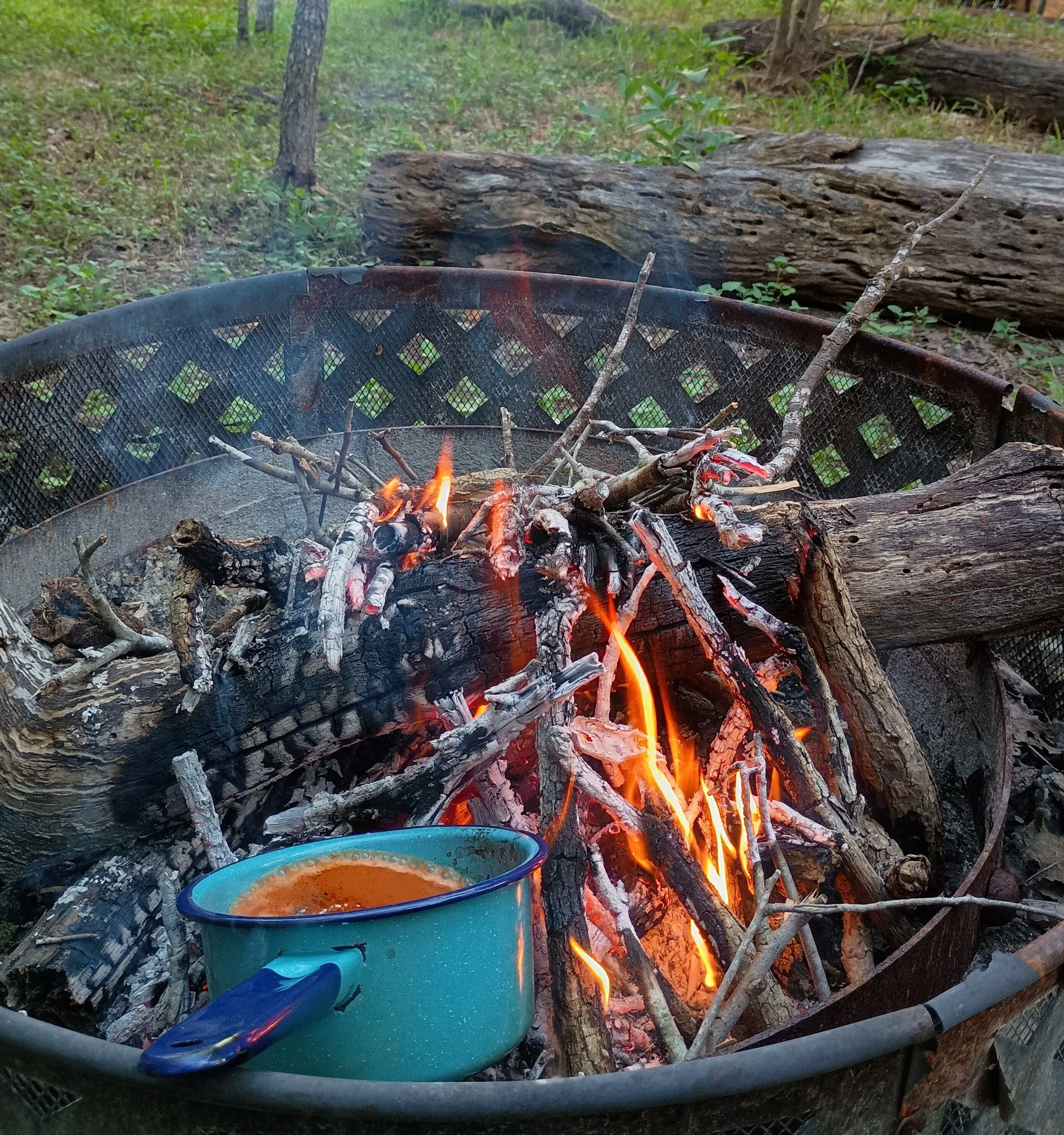 A campfire with burning sticks and logs in a fire ring outdoors, with a blue pot filled with liquid nearby on the ground.