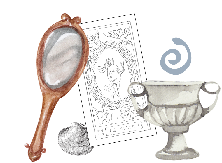 Assorted astrology and horoscope items on a table, including a mirror, a tarot card labeled 'Le Monde,' and a decorative urn or chalice.
