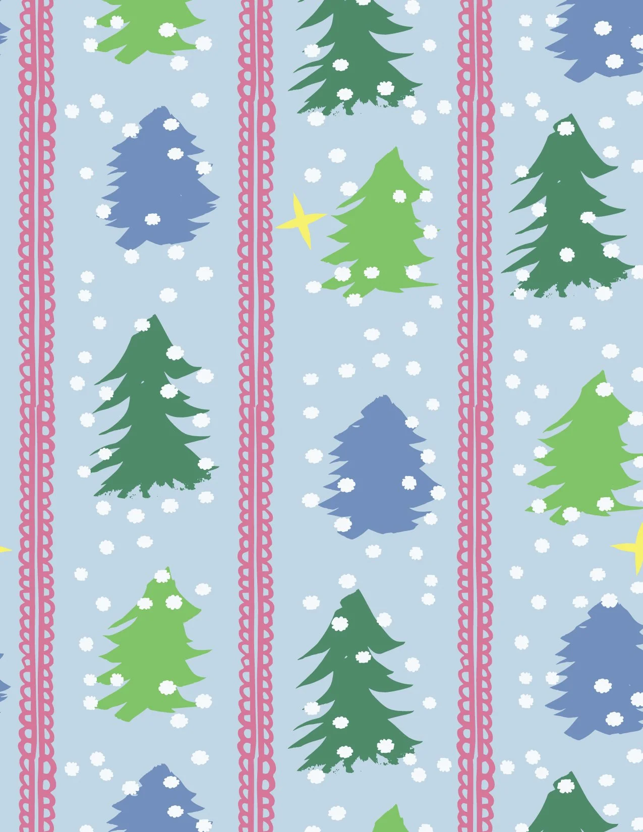Pattern of stylized Christmas trees in various shades of green and blue with white snowflakes on a light blue background, separated by pink and purple decorative vertical lines.