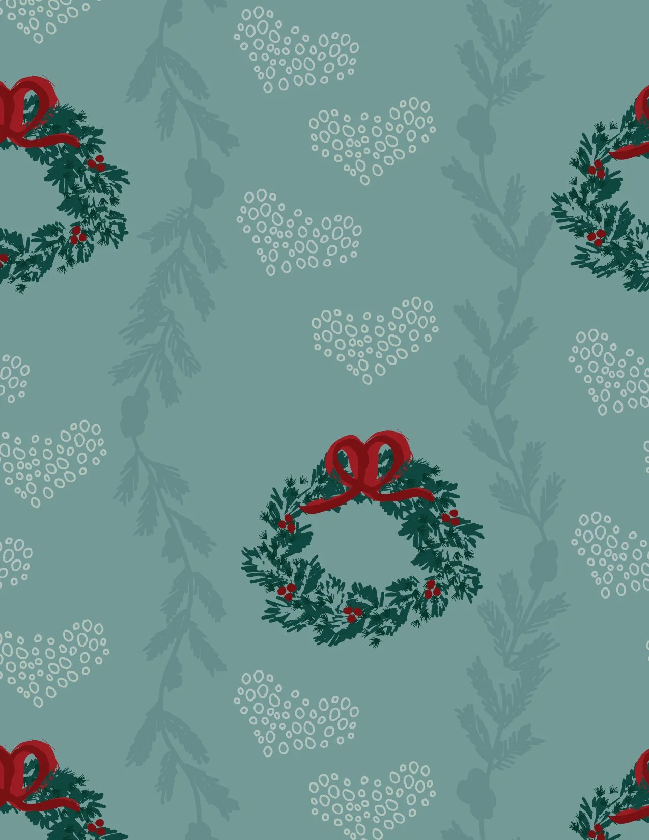 A repeating pattern with Christmas wreaths decorated with red ribbons and berries, set against a background featuring pine branches and stylized snowflakes.