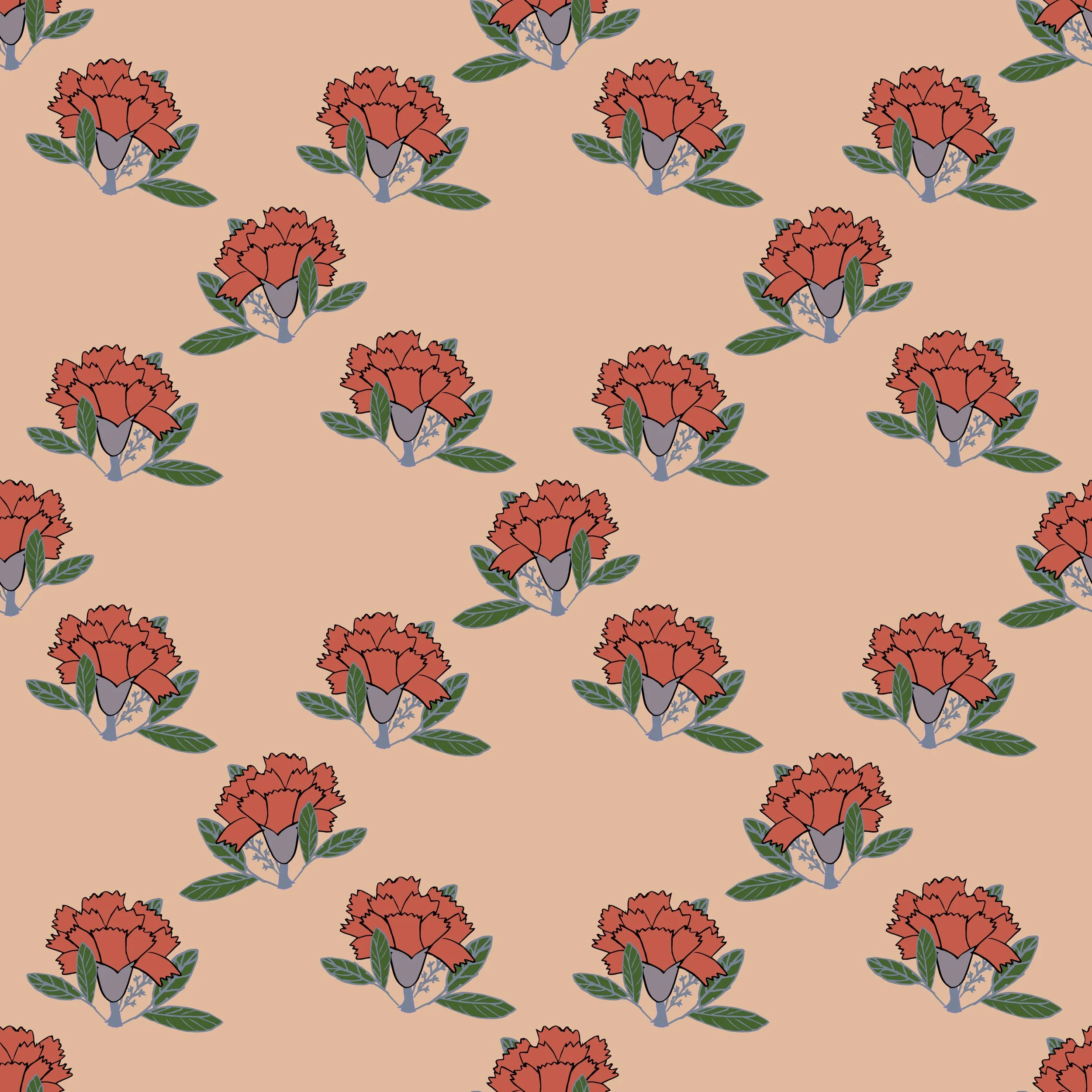 A repeating pattern of red carnation flowers with green leaves on a beige background.