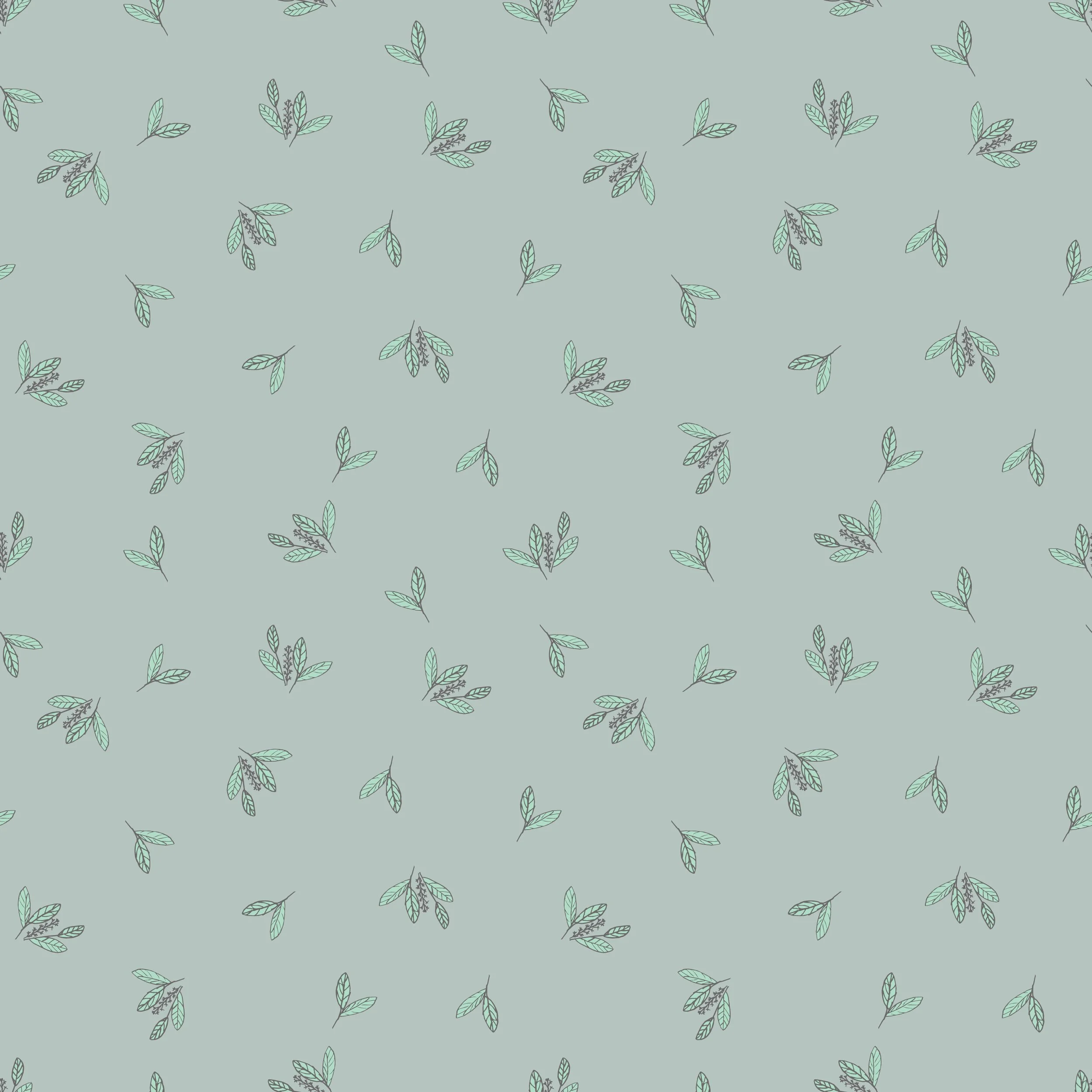 Pattern of small, illustrated leaves and branches on a light green background.