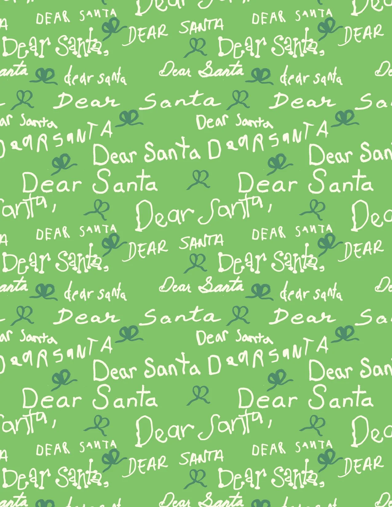 A repeating pattern with Christmas-themed text and symbols on a green background. The text says "Dear Santa" in various fonts, and there are small green bows.