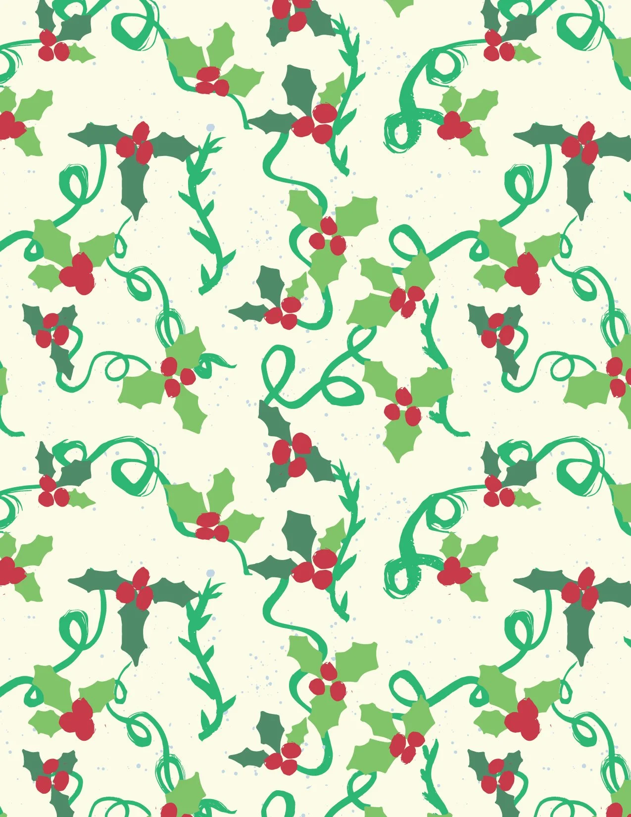 Seamless pattern of holly leaves, red berries, and green swirling vines on a light-colored background, creating a festive Christmas design.