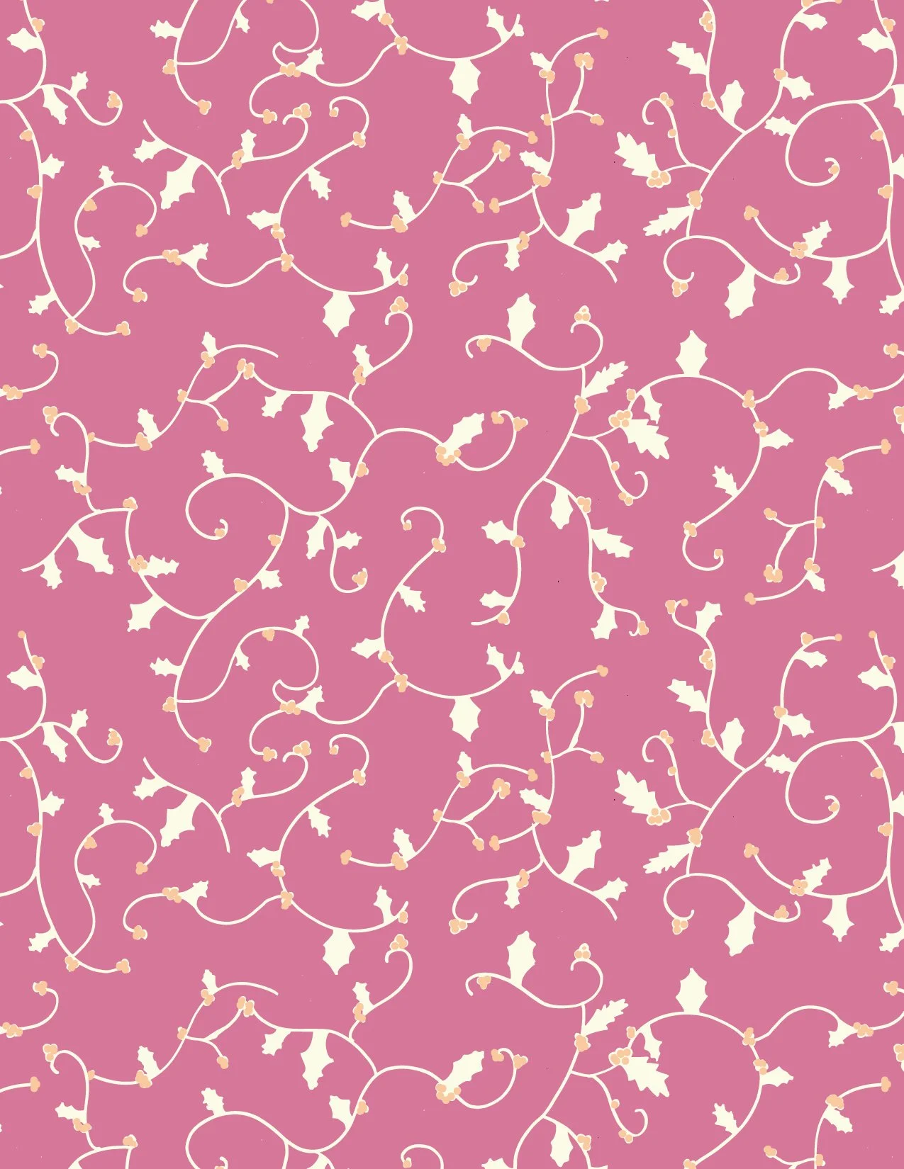Pattern of white holly leaves and berries connected by white vines on a pink background.