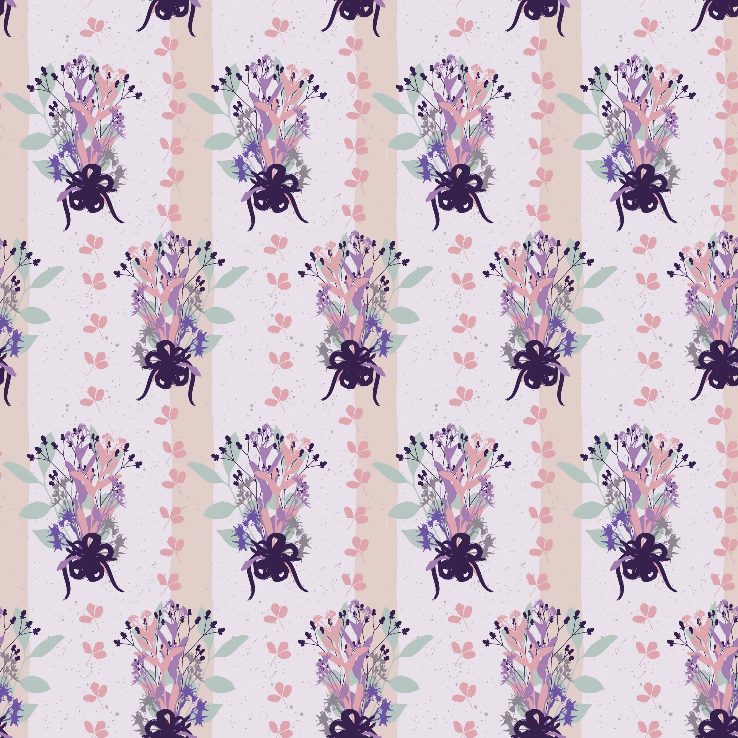 Pattern of purple, pink, and green floral illustrations with pink hearts and beige vertical stripes.