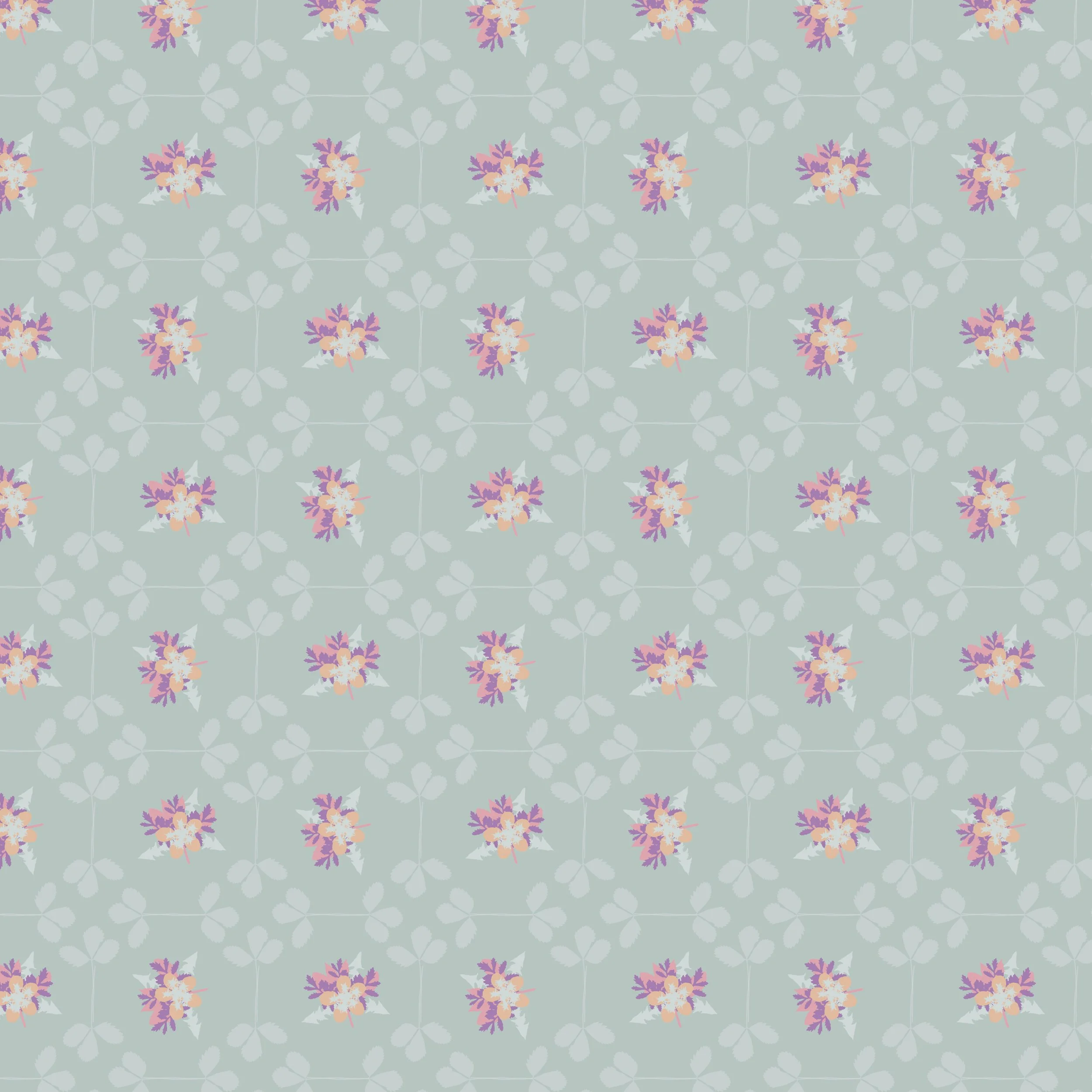 Pattern of white, purple, pink, and orange flowers with green background.