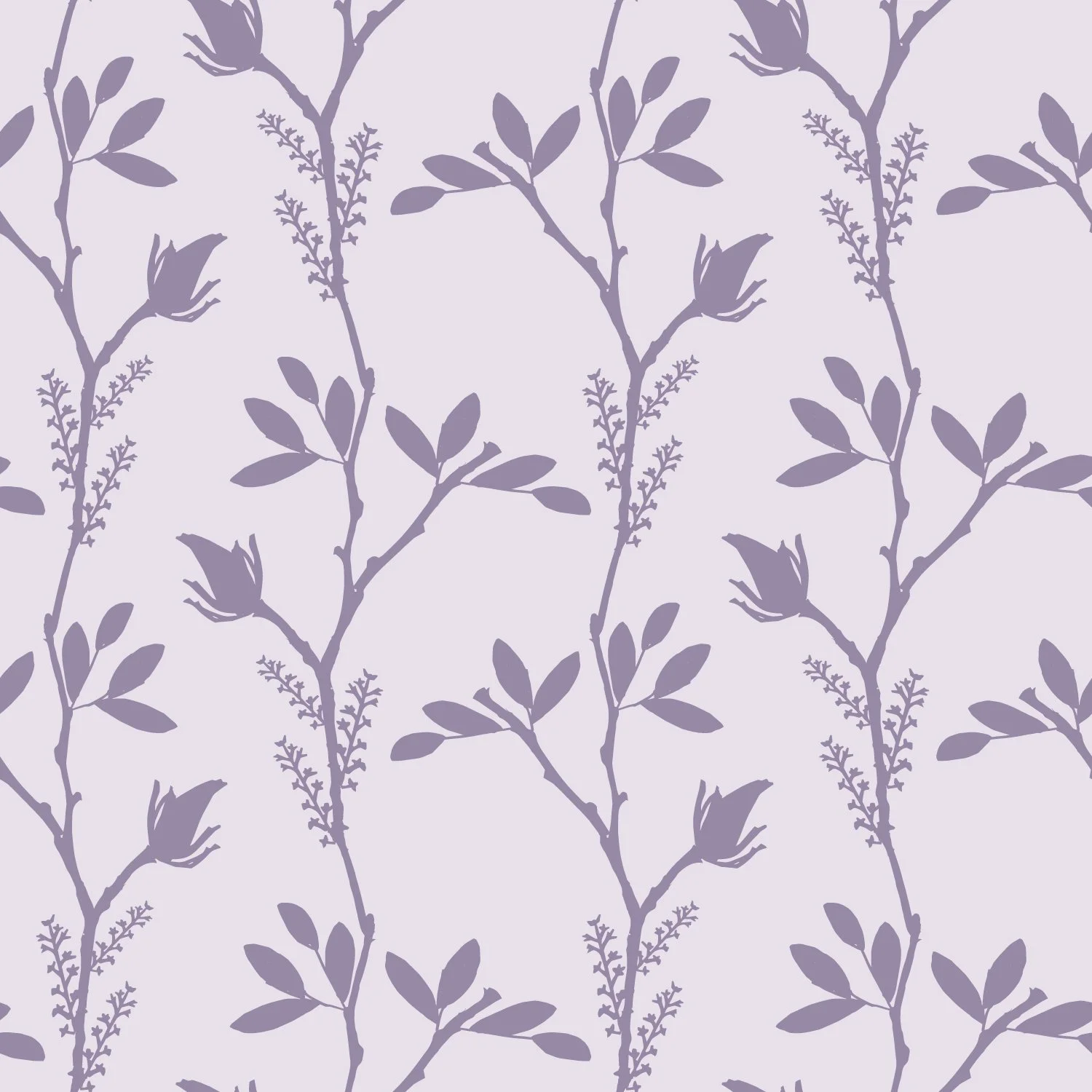 A seamless pattern of purple botanical silhouettes of branches with leaves and buds on a light lavender background.