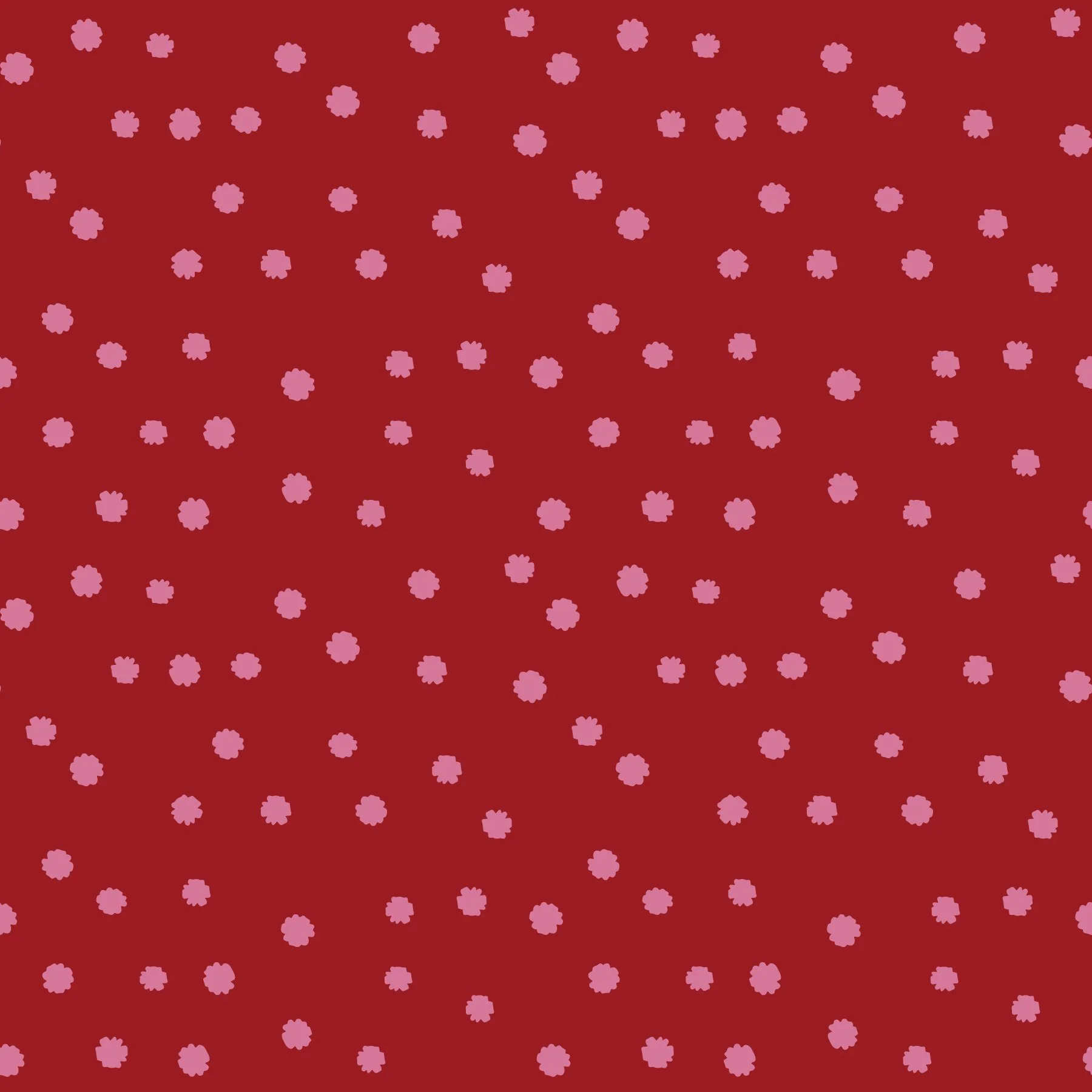 A pattern featuring pink polka dots on a red background.
