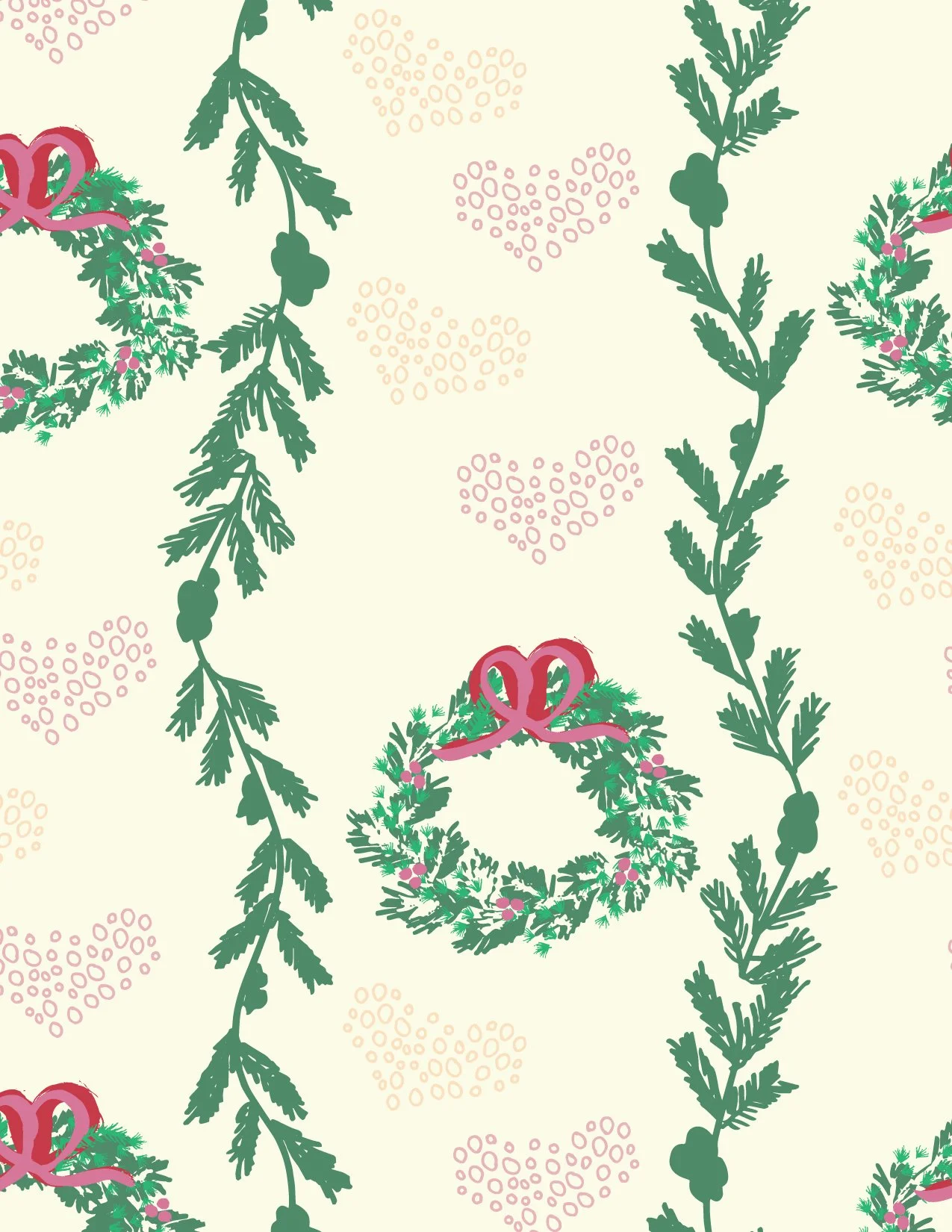 A repeating pattern of green fern-like branches, pink berries, pink ribbons, and wreaths with pink and green foliage on a light cream background.