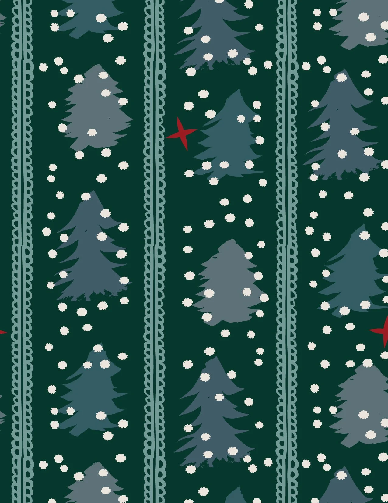 A seamless Christmas pattern with stylized dark green pine trees, white snow dots, gray borders with a looped design, and small red stars.