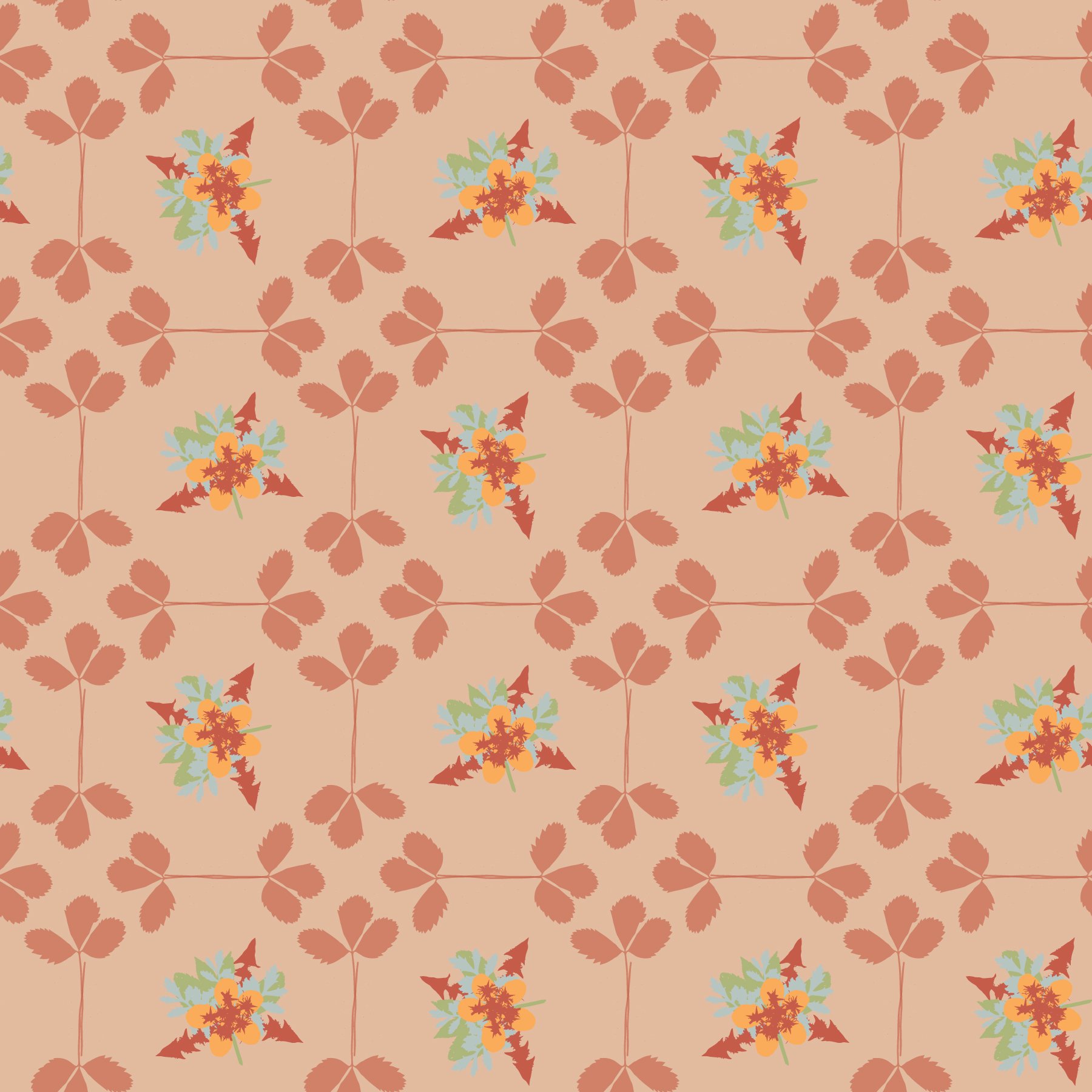 Pattern with pink and green leaves and yellow and orange flowers on a beige background.