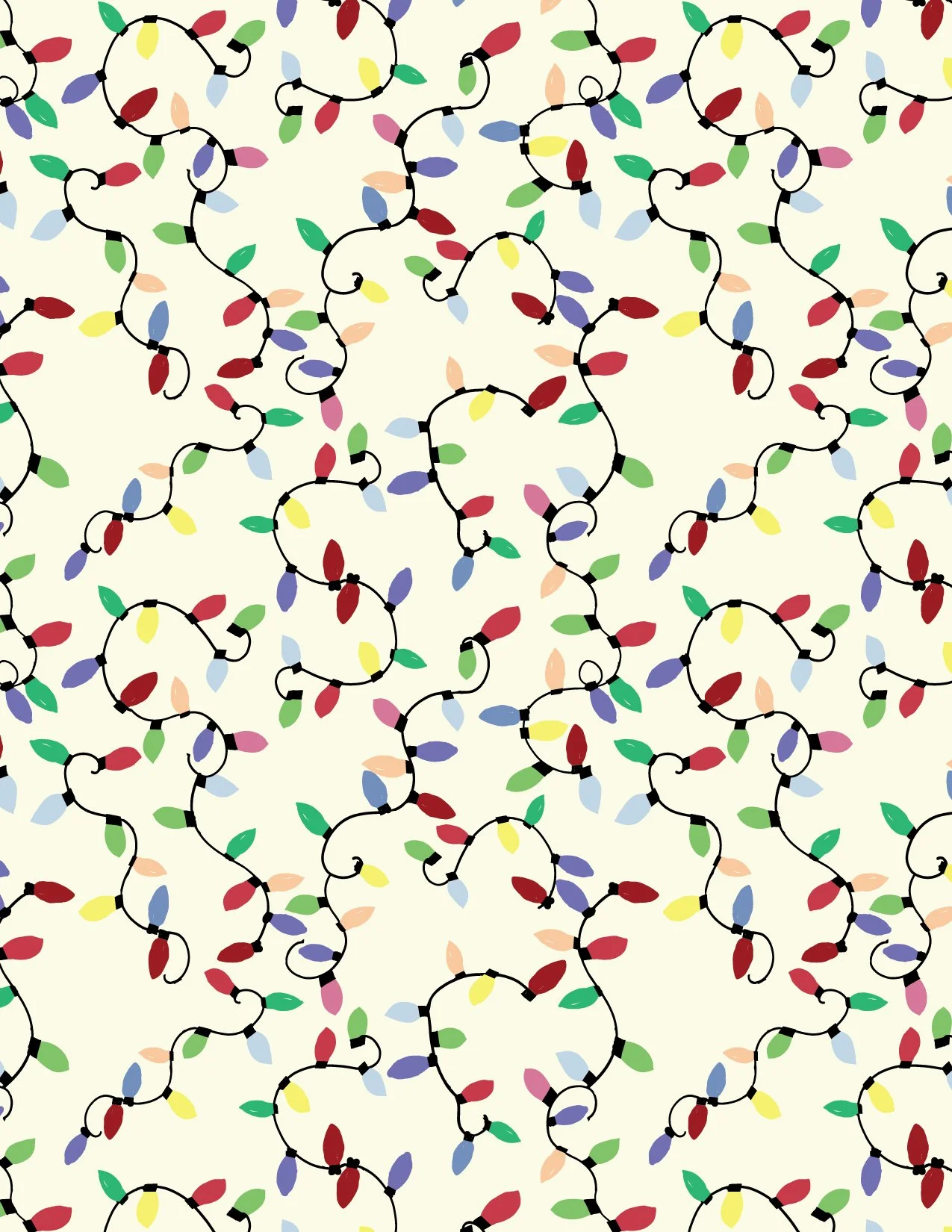 Pattern of colorful holiday string lights with red, green, yellow, blue, pink, purple, peach, and black wire on a light background.