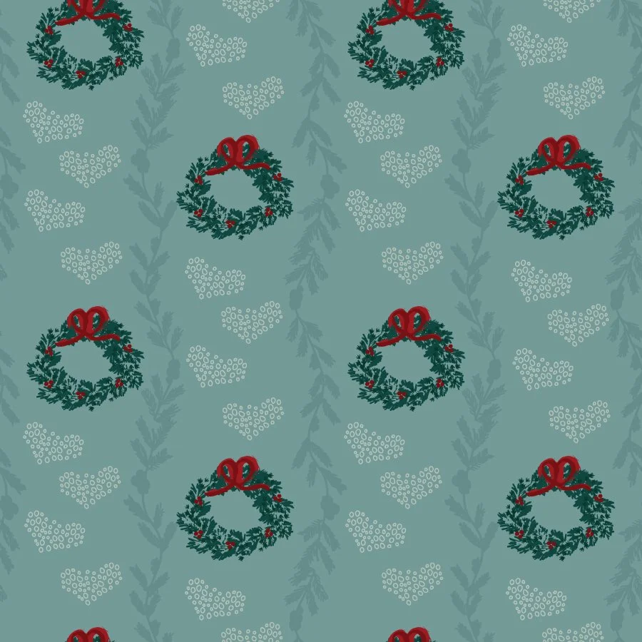 Pattern of Christmas wreaths with red bows and holly, and light blue hearts with dotted decorations, on a teal background.