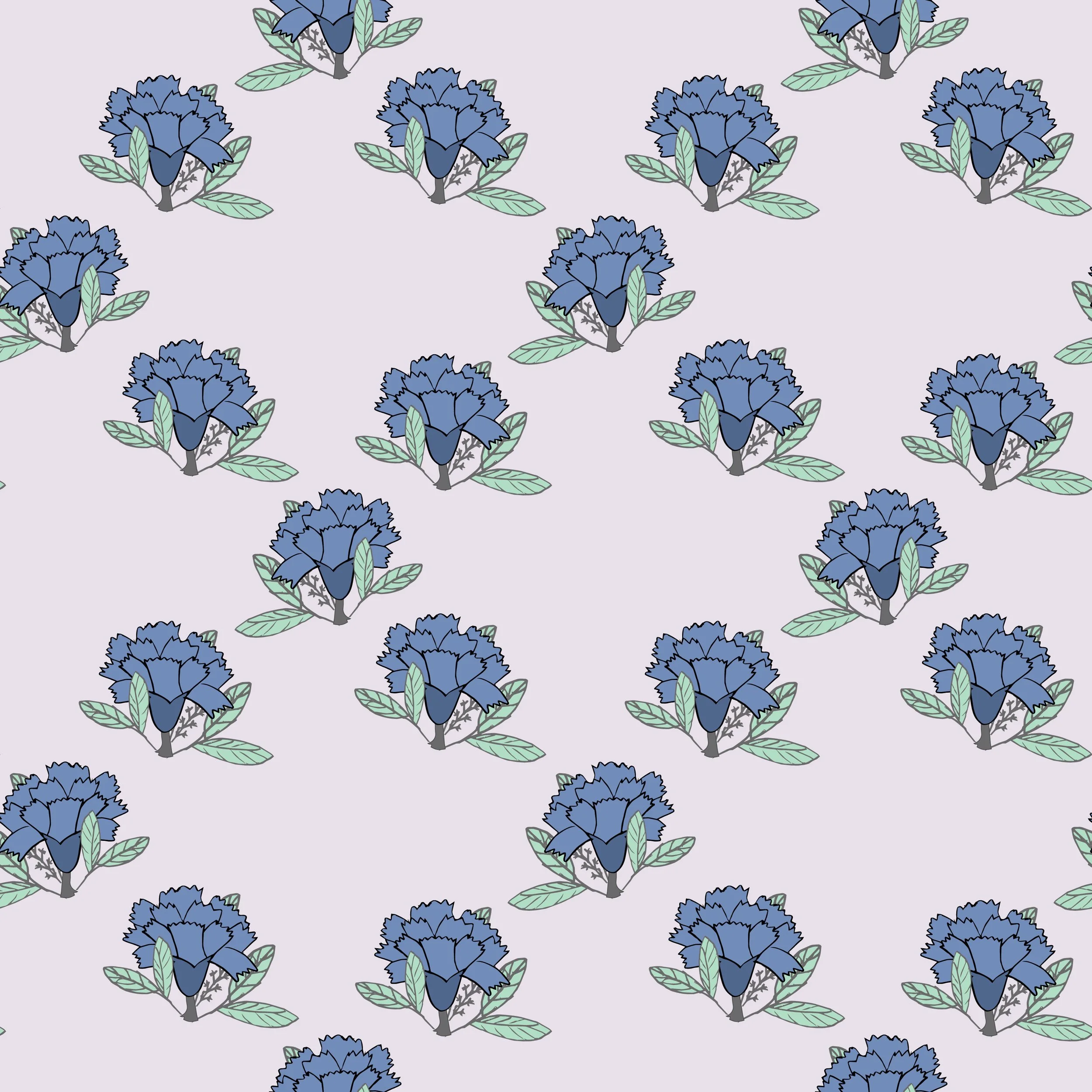 A repeating pattern of blue carnations with green leaves on a light purple background.