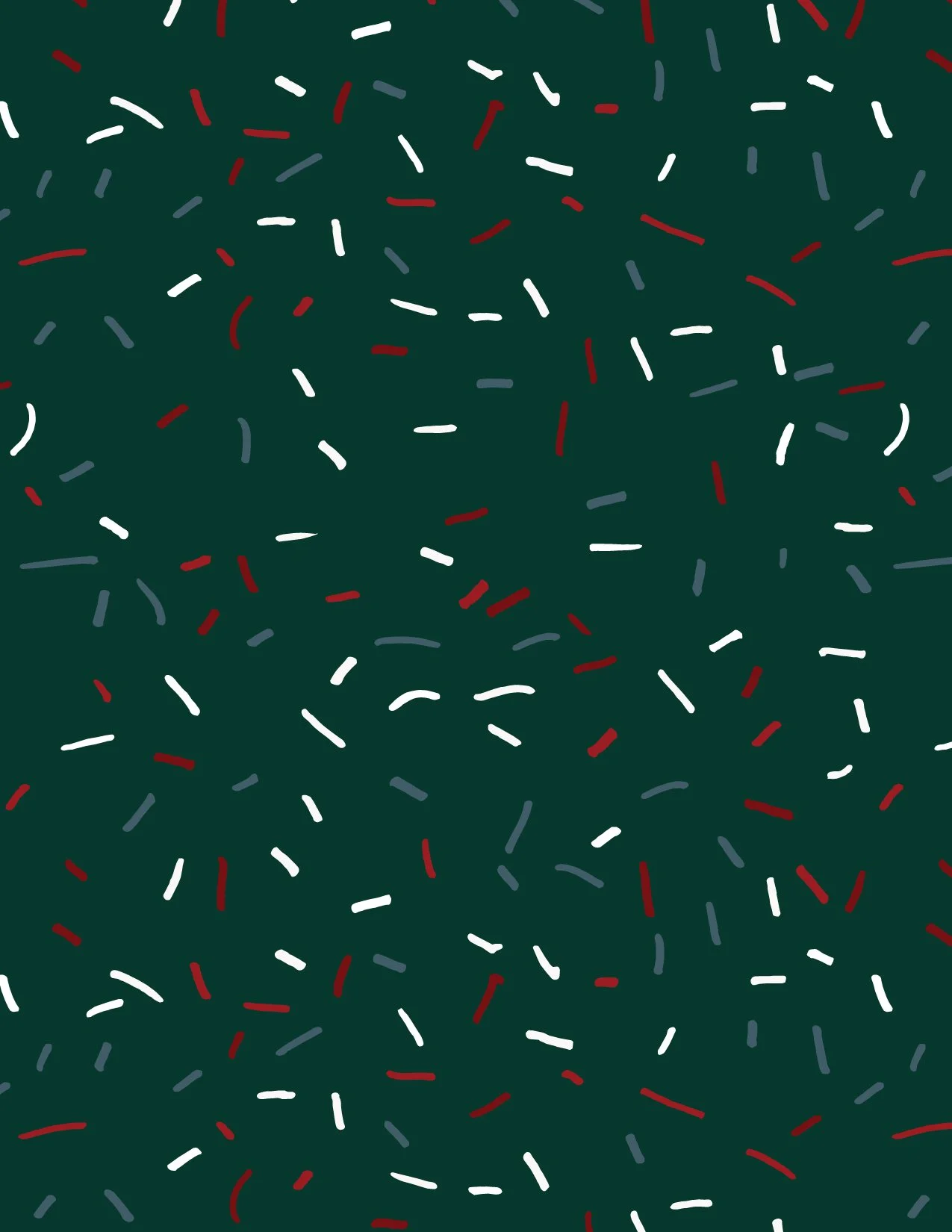 Dark green background with scattered small, curved, multicolored line patterns in white, red, and gray.