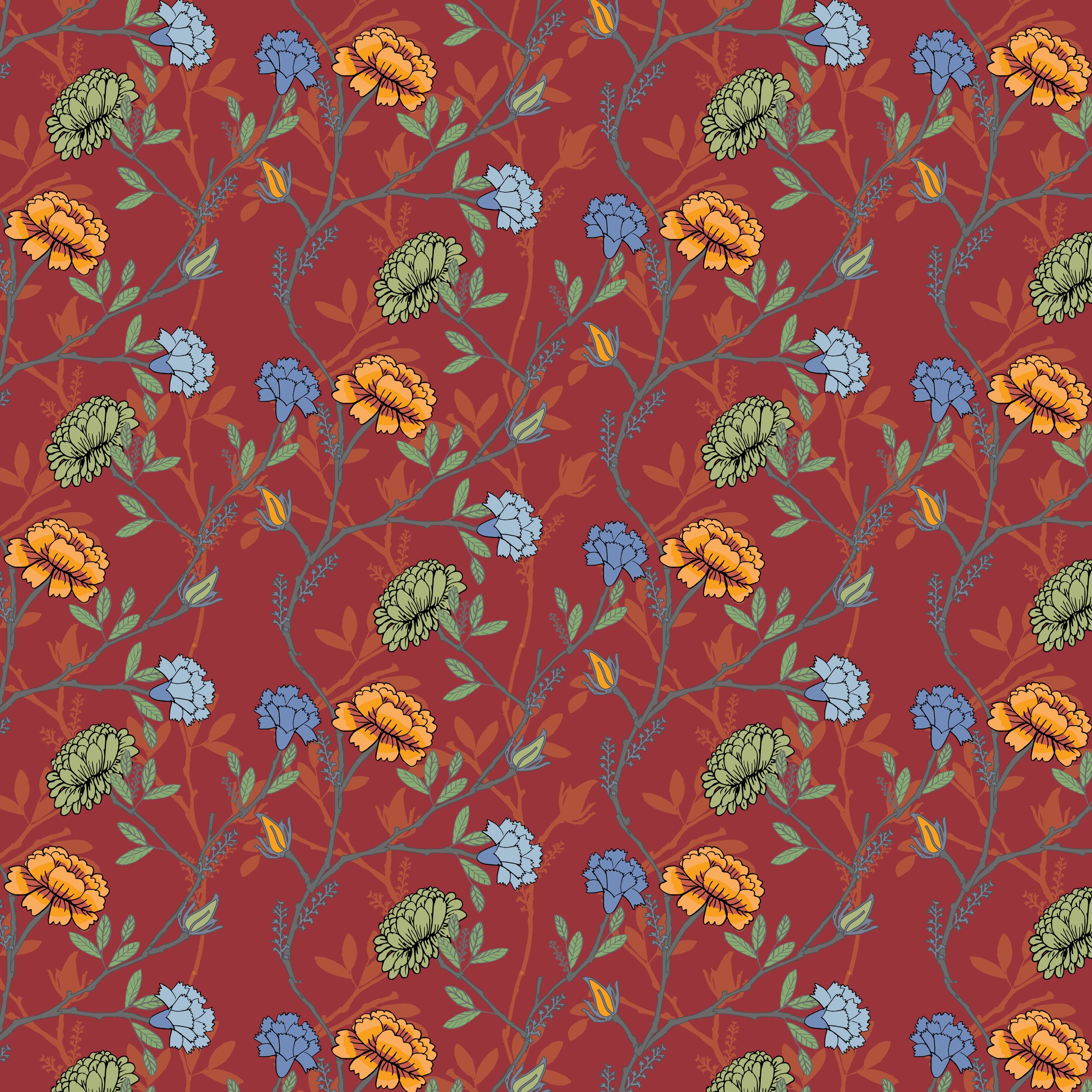A seamless pattern featuring colorful flowers and green leaves on a reddish-brown background.