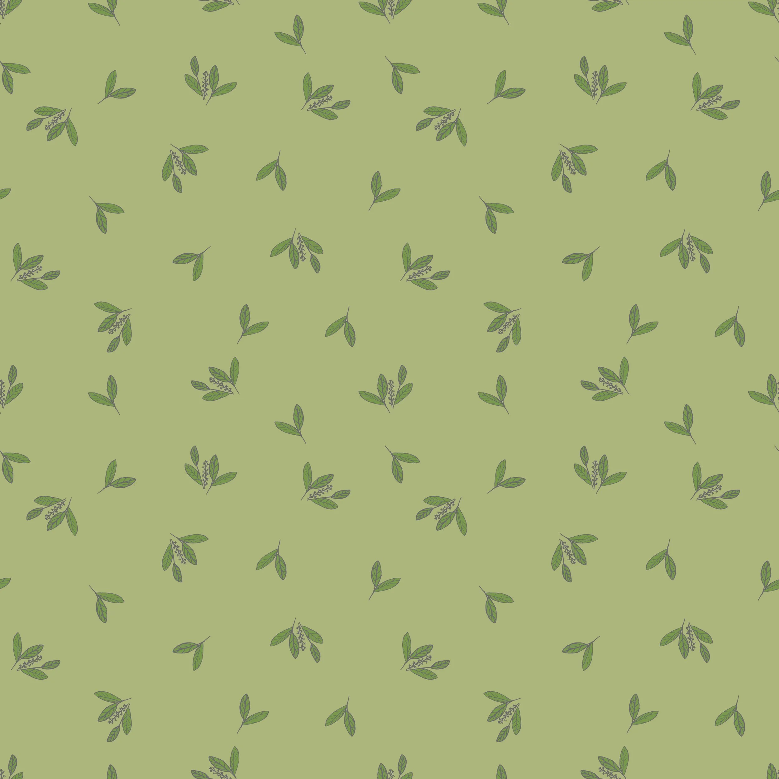 Pattern of green leaves with black accents on a light green background.