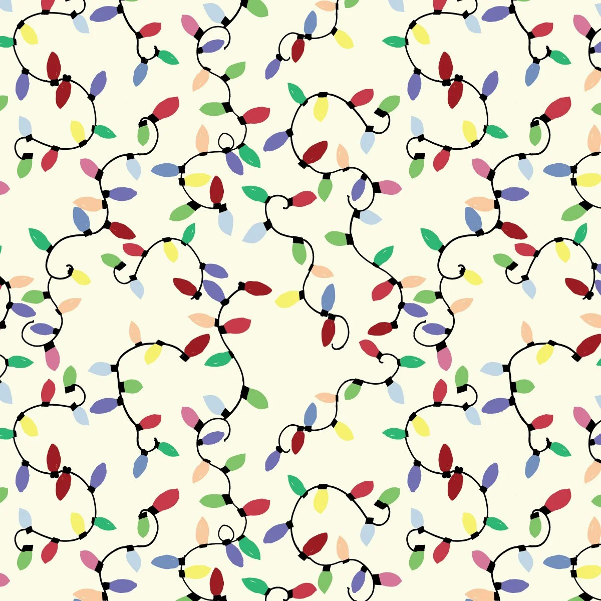 String of colorful holiday lights on a cream background.