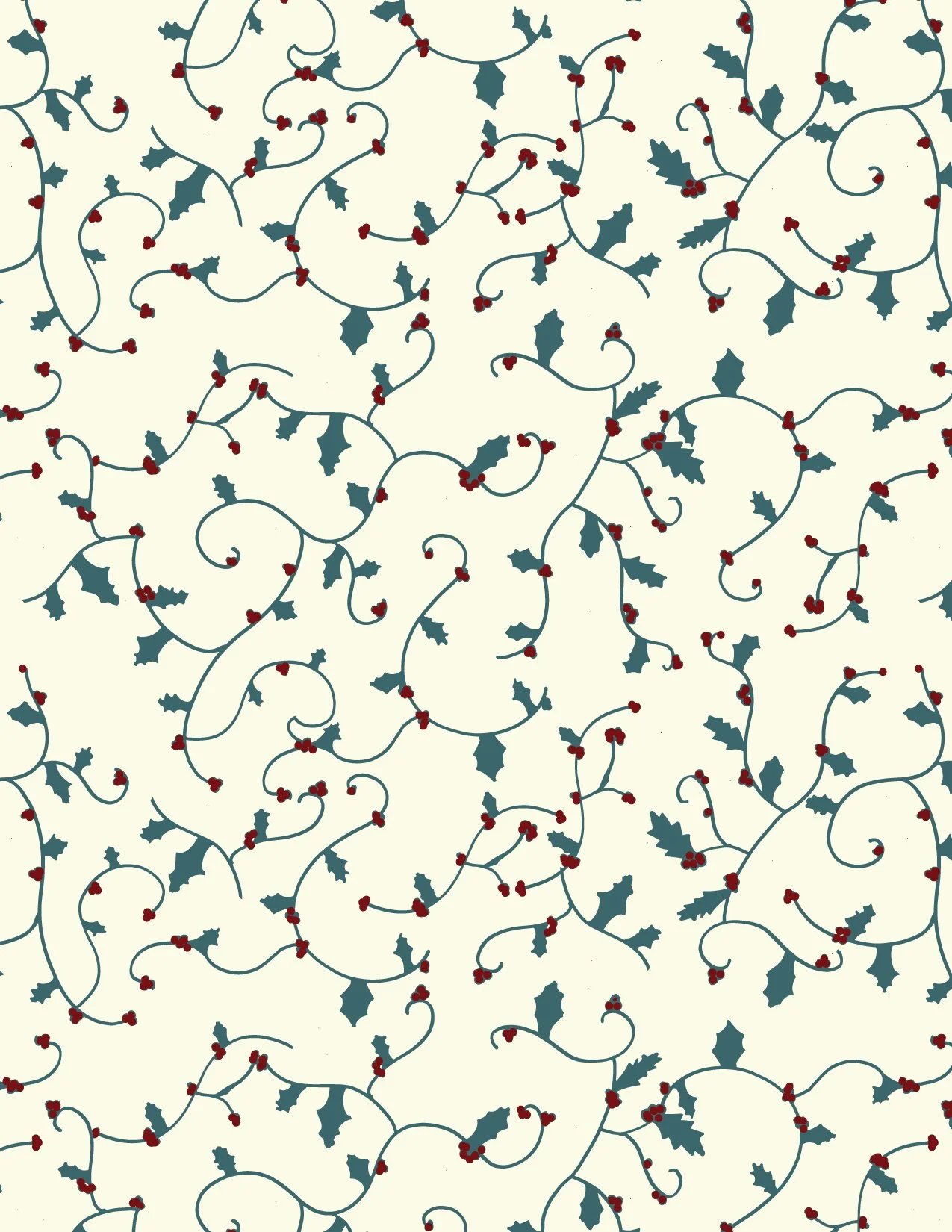 Pattern of holly leaves and red berries on a cream background.