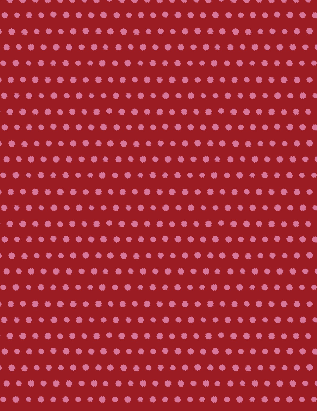 A pattern featuring pink polka dots on a red background.