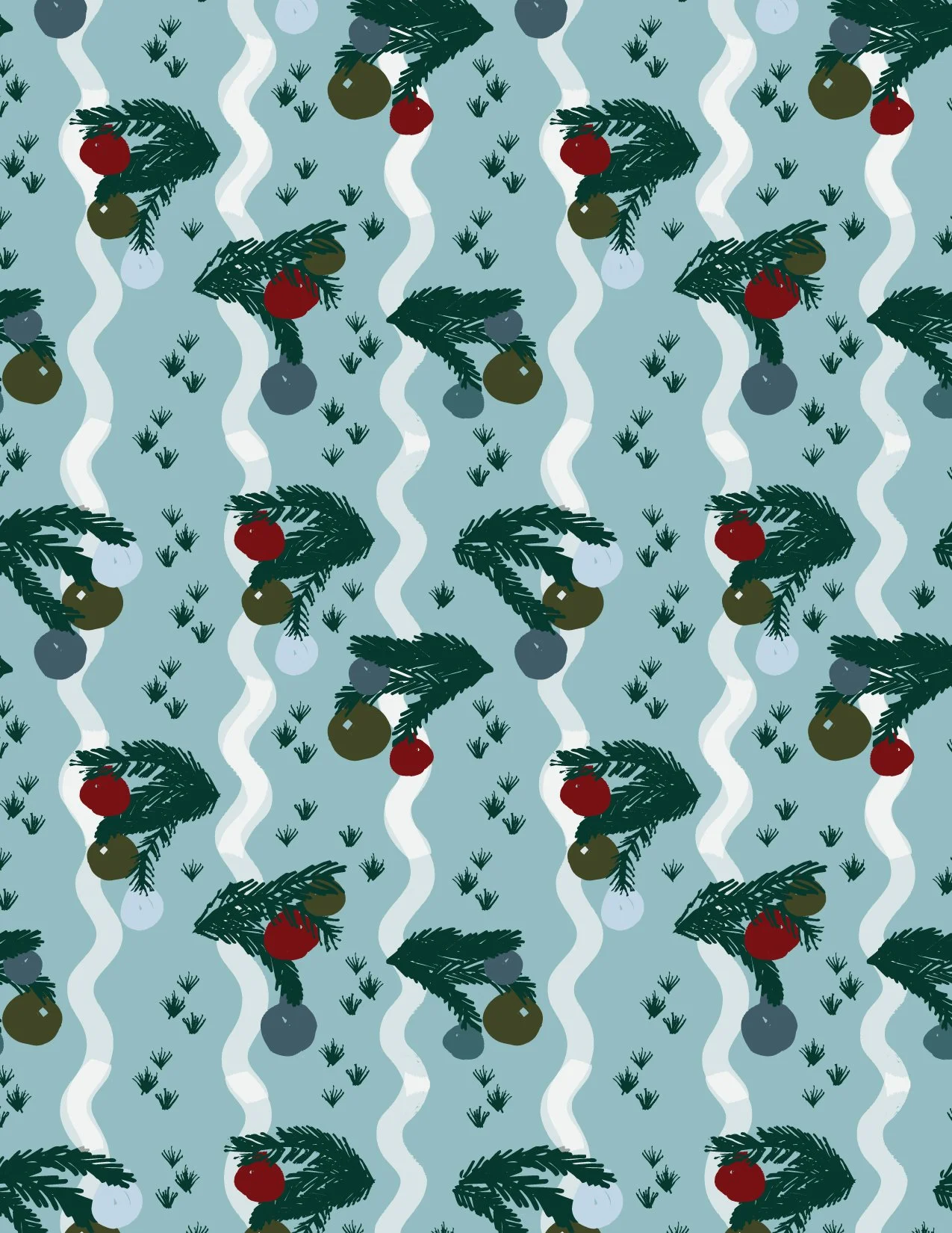 Pattern with pine branches, Christmas ornaments, and swirling lines on a blue background