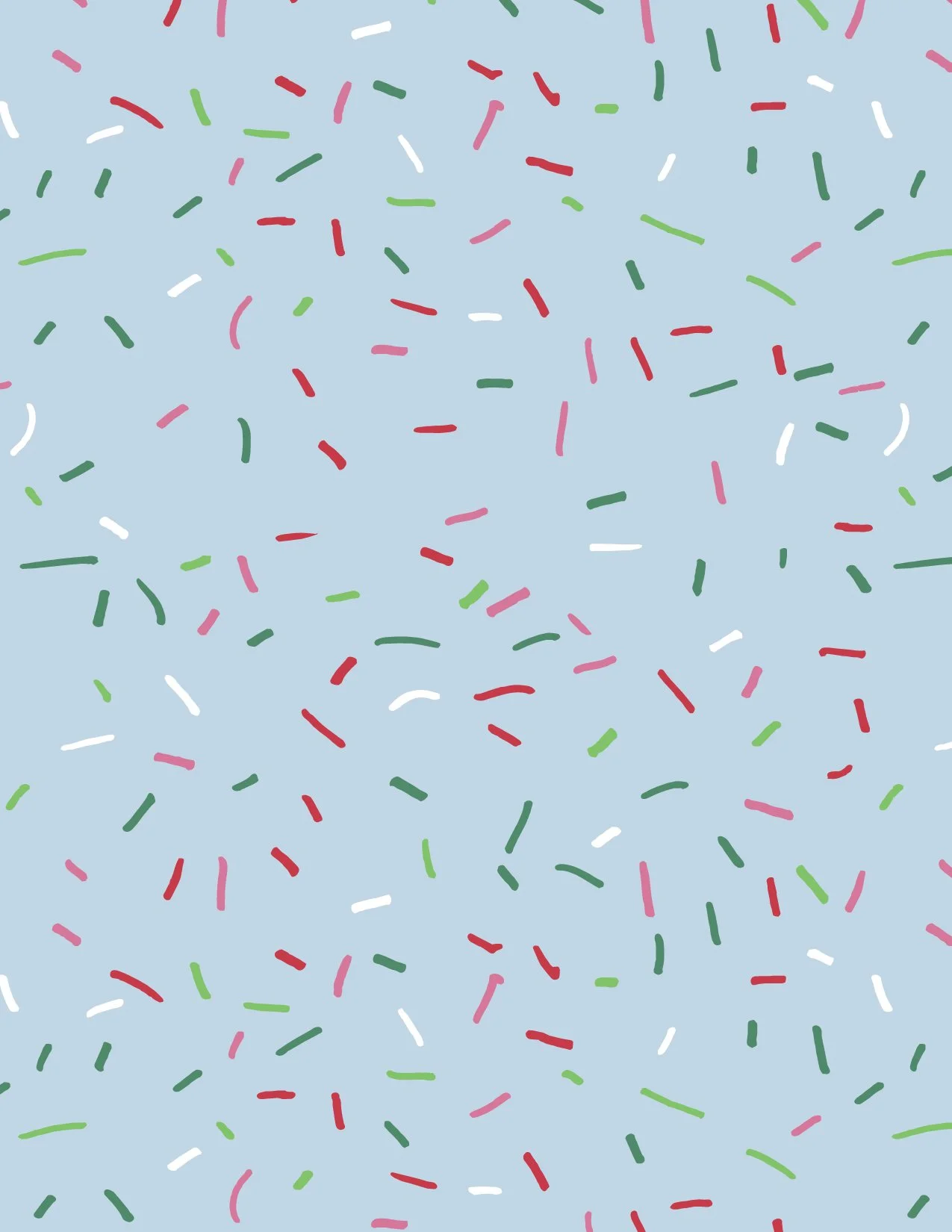 Sprinkles on a light blue background, scattered in red, green, pink, white, and dark green colors.