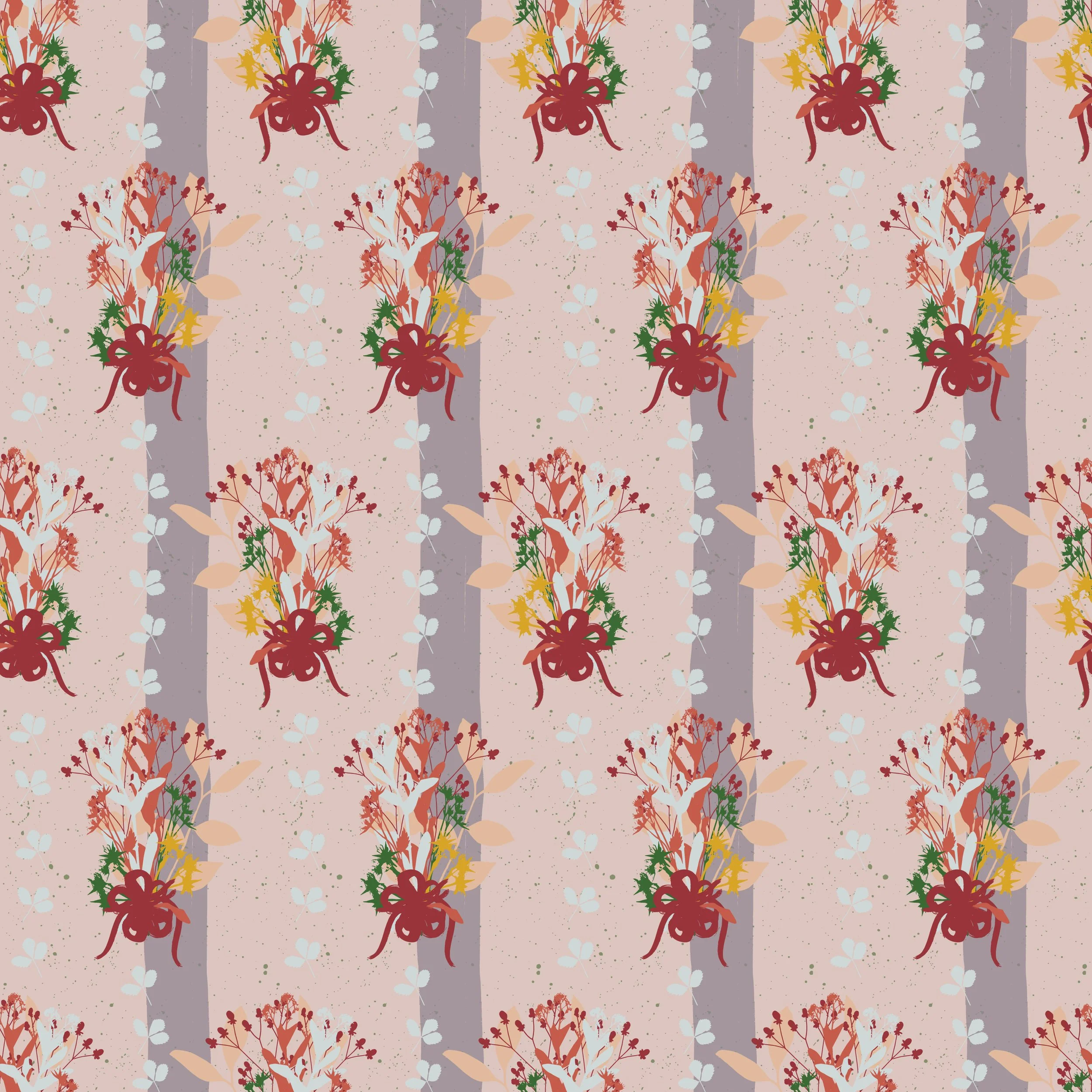 Seamless floral pattern with red, yellow, and green botanical illustrations on alternating beige and lavender vertical backgrounds.