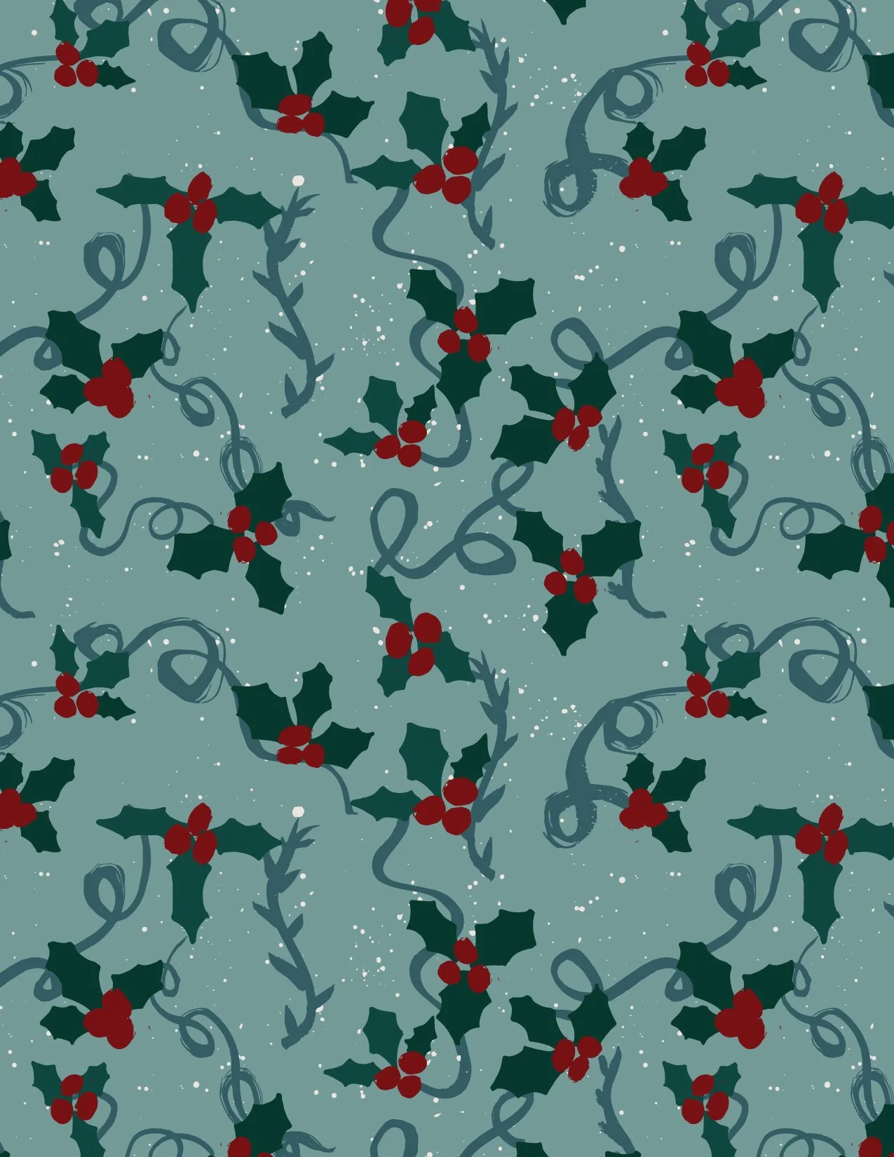 Pattern of green holly leaves and red berries with grey swirling vines on a light teal background, accented with white specks.