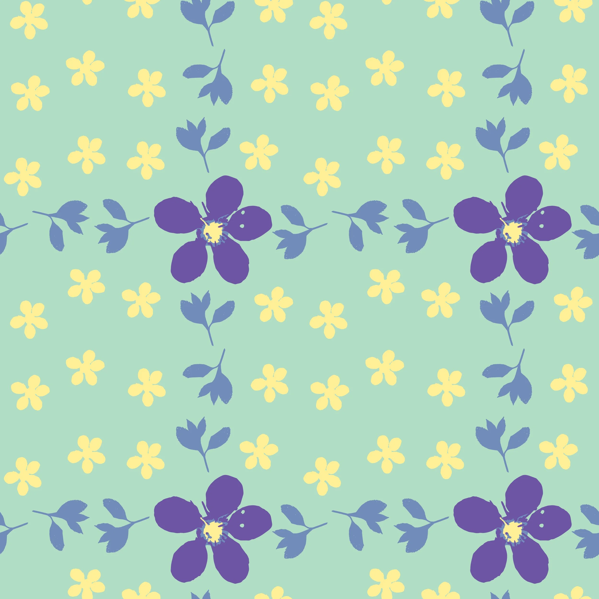 A repeating pattern of yellow and purple flowers on a light green background.
