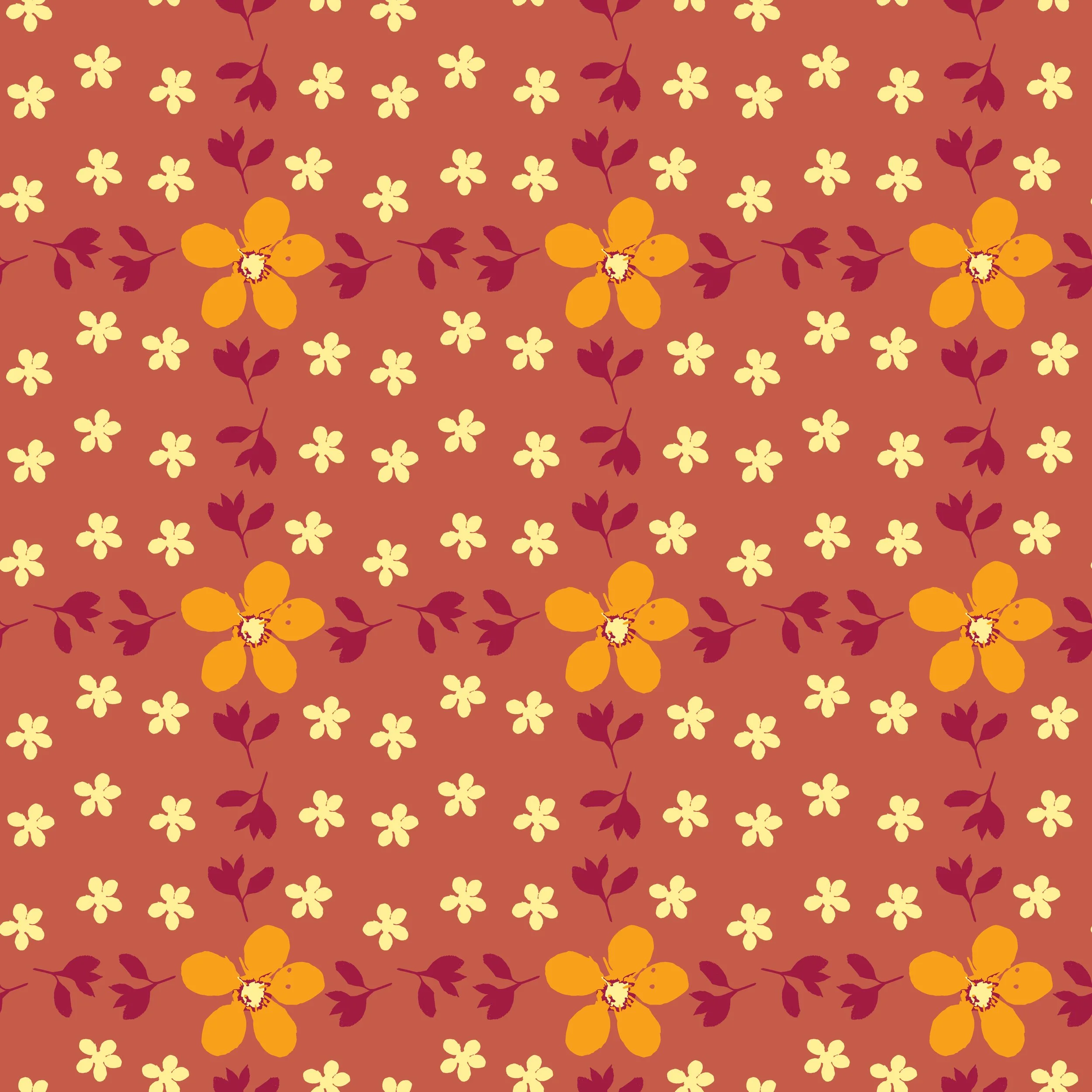 A digital illustration of a floral pattern on a reddish-brown background with cream-colored small flowers and dark red leaves, and some large orange flowers with dark centers and yellow accents.