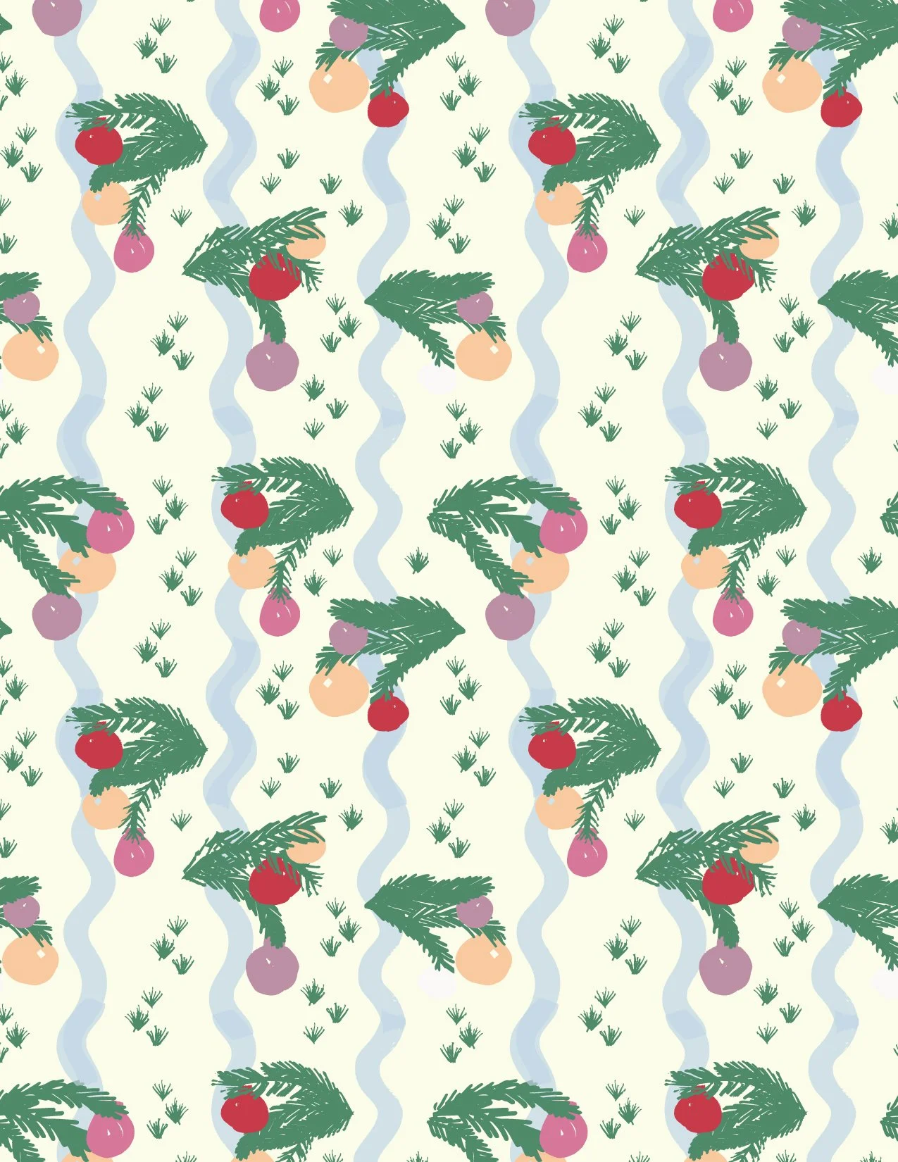 Pattern of Christmas pine branches with ornaments and small green sprigs on a light background.