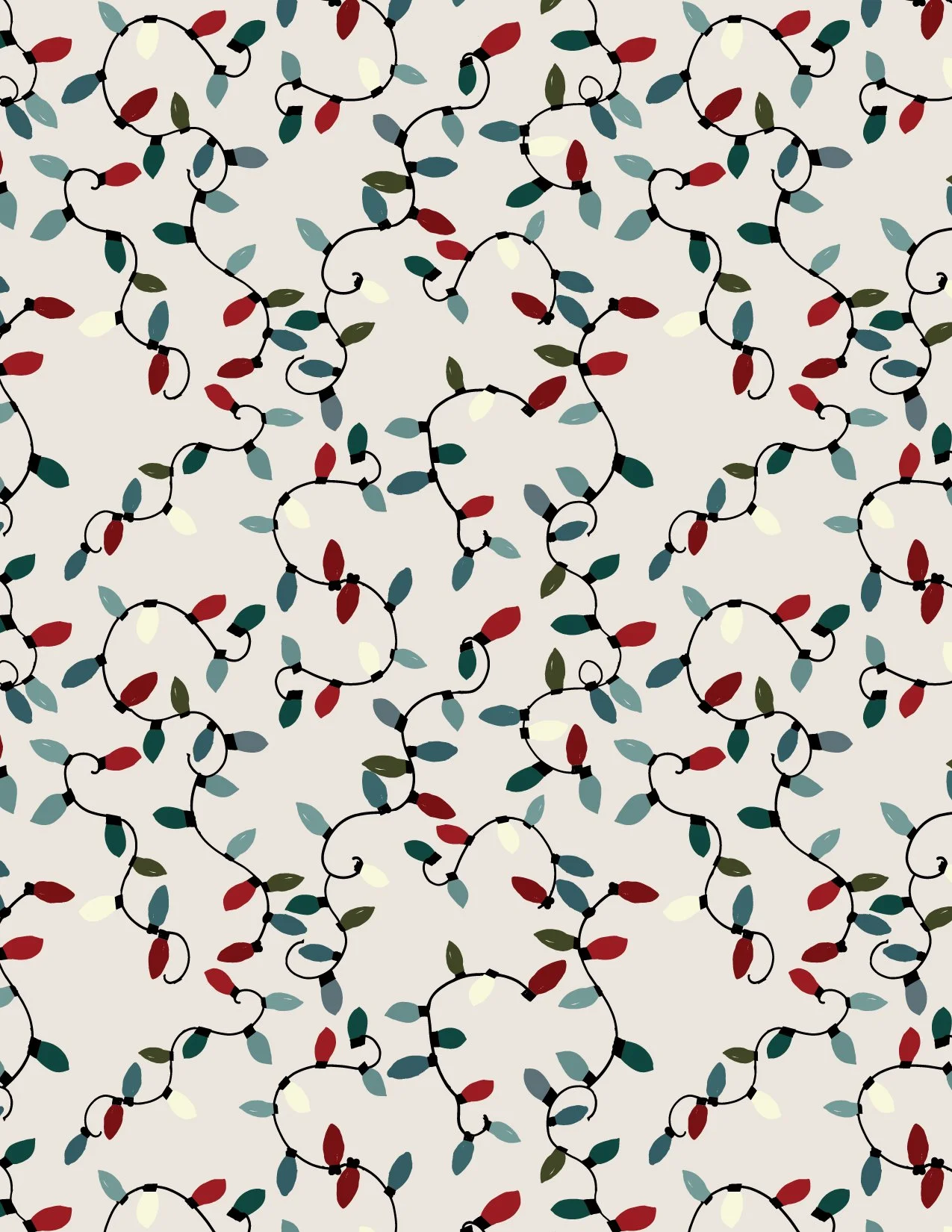 Pattern of string lights with multicolored bulbs on a light background.